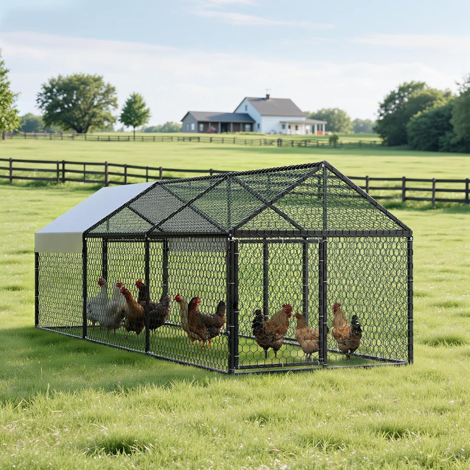 image:imageVEVOR Large Metal Chicken Coop 197x98x65ft Walkin Chicken Runs for Yard with Cover Spire Roof Hen House with Security Lock for Outdoor and Backyard Farm Duck Rabbit Cage Poultry PenBlack Spire Roof
