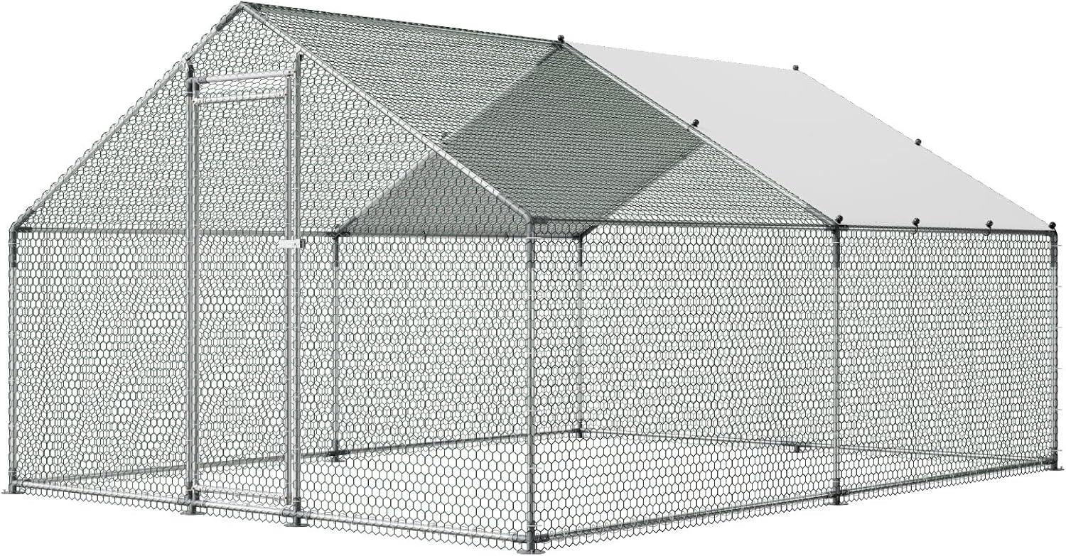 image:imageVEVOR Large Metal Chicken Coop 197x98x65ft Walkin Chicken Runs for Yard with Cover Spire Roof Hen House with Security Lock for Outdoor and Backyard Farm Duck Rabbit Cage Poultry PenSilver Spire Roof