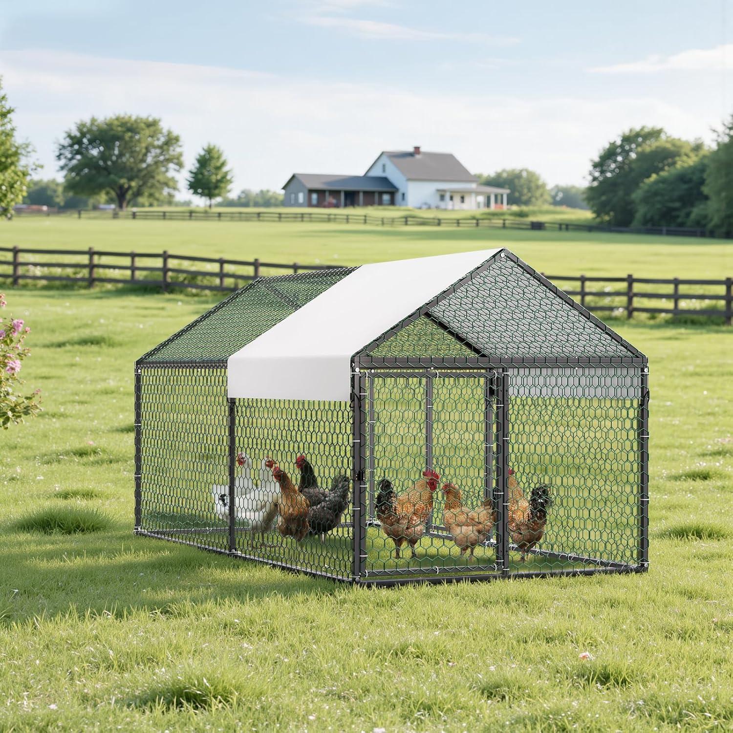 image:imageVEVOR Large Metal Chicken Coop 197x98x65ft Walkin Chicken Runs for Yard with Cover Spire Roof Hen House with Security Lock for Outdoor and Backyard Farm Duck Rabbit Cage Poultry PenBlack Spire Roof