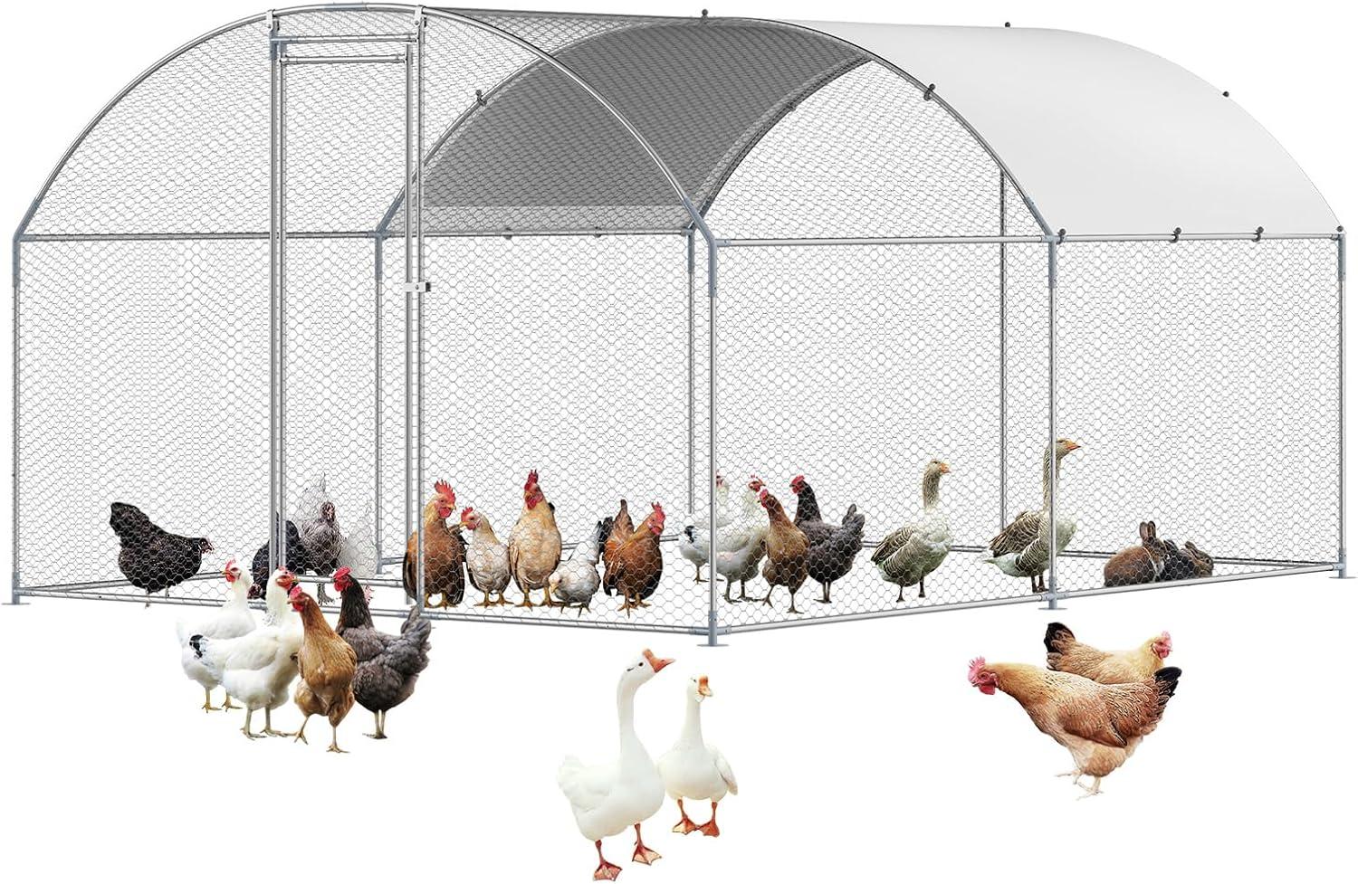image:imageVEVOR Large Metal Chicken Coop 197x98x65ft Walkin Chicken Runs for Yard with Cover Spire Roof Hen House with Security Lock for Outdoor and Backyard Farm Duck Rabbit Cage Poultry PenSilver Dome Roof