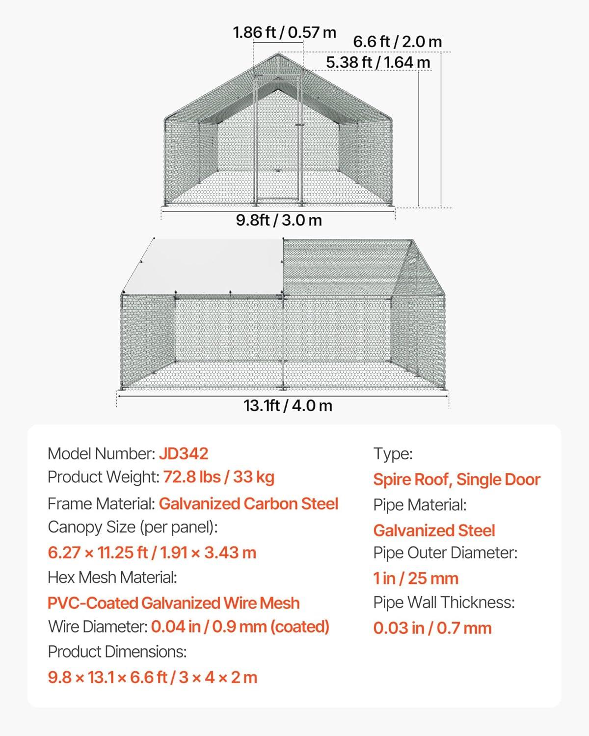 image:imageVEVOR Large Metal Chicken Coop 197x98x65ft Walkin Chicken Runs for Yard with Cover Spire Roof Hen House with Security Lock for Outdoor and Backyard Farm Duck Rabbit Cage Poultry PenSilver Spire Roof