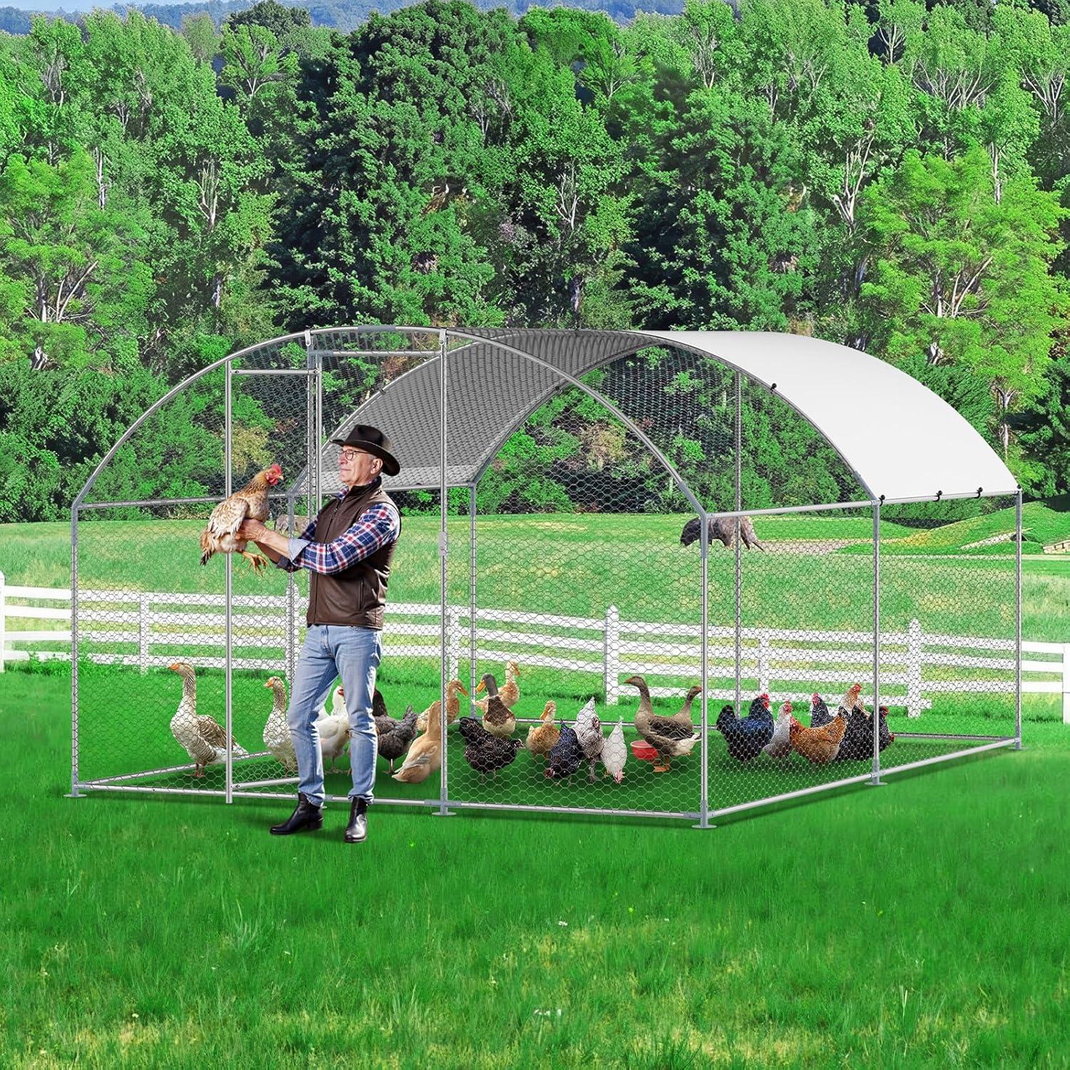image:imageVEVOR Large Metal Chicken Coop 197x98x65ft Walkin Chicken Runs for Yard with Cover Spire Roof Hen House with Security Lock for Outdoor and Backyard Farm Duck Rabbit Cage Poultry PenSilver Dome Roof
