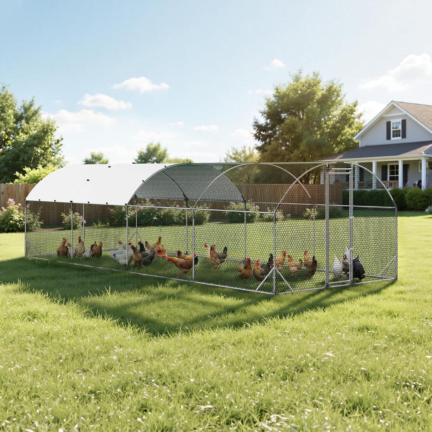 image:imageVEVOR Large Metal Chicken Coop 197x98x65ft Walkin Chicken Runs for Yard with Cover Spire Roof Hen House with Security Lock for Outdoor and Backyard Farm Duck Rabbit Cage Poultry PenSilver Dome Roof