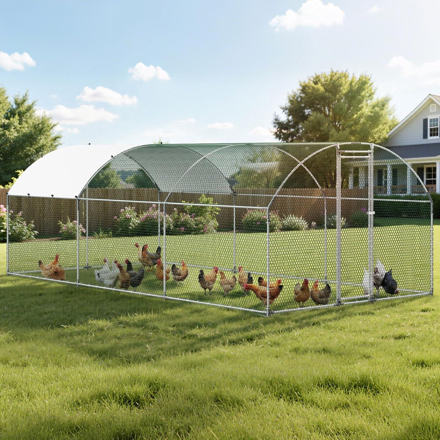 image:imageVEVOR Large Metal Chicken Coop 197x98x65ft Walkin Chicken Runs for Yard with Cover Spire Roof Hen House with Security Lock for Outdoor and Backyard Farm Duck Rabbit Cage Poultry PenSilver Dome Roof