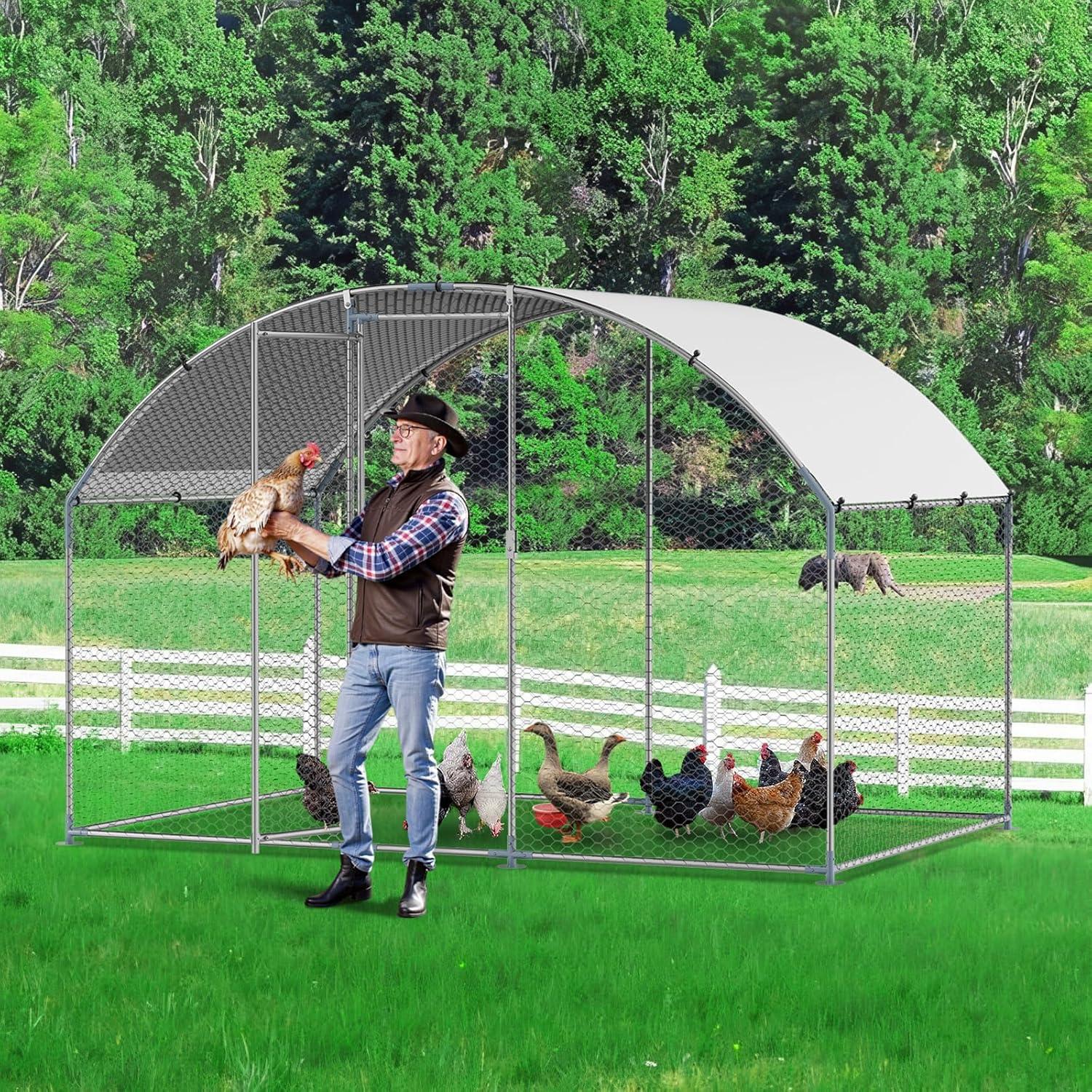 image:imageVEVOR Large Metal Chicken Coop 197x98x65ft Walkin Chicken Runs for Yard with Cover Spire Roof Hen House with Security Lock for Outdoor and Backyard Farm Duck Rabbit Cage Poultry PenSilver Dome Roof