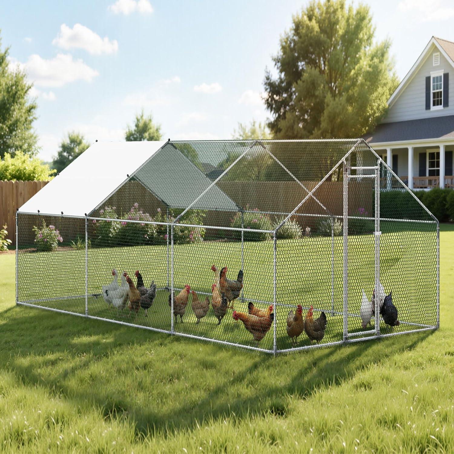 image:imageVEVOR Large Metal Chicken Coop 197x98x65ft Walkin Chicken Runs for Yard with Cover Spire Roof Hen House with Security Lock for Outdoor and Backyard Farm Duck Rabbit Cage Poultry PenSilver Spire Roof