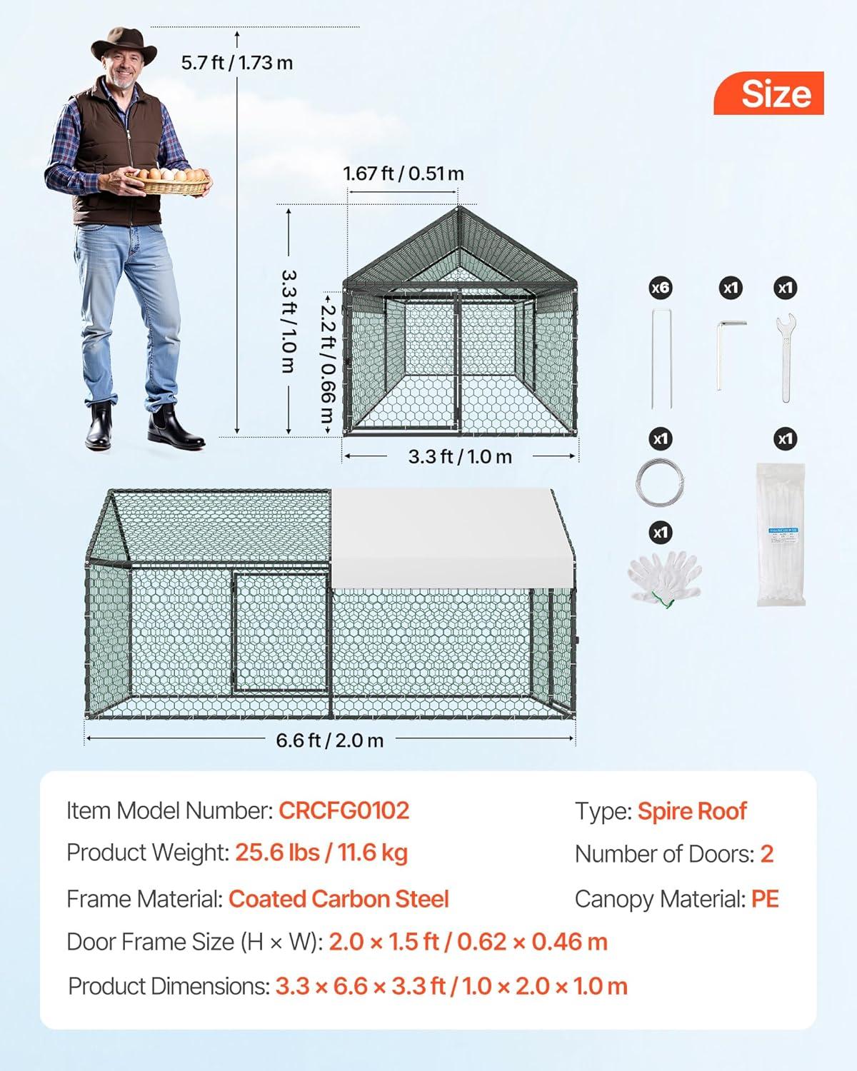 image:imageVEVOR Large Metal Chicken Coop 197x98x65ft Walkin Chicken Runs for Yard with Cover Spire Roof Hen House with Security Lock for Outdoor and Backyard Farm Duck Rabbit Cage Poultry PenBlack Spire Roof