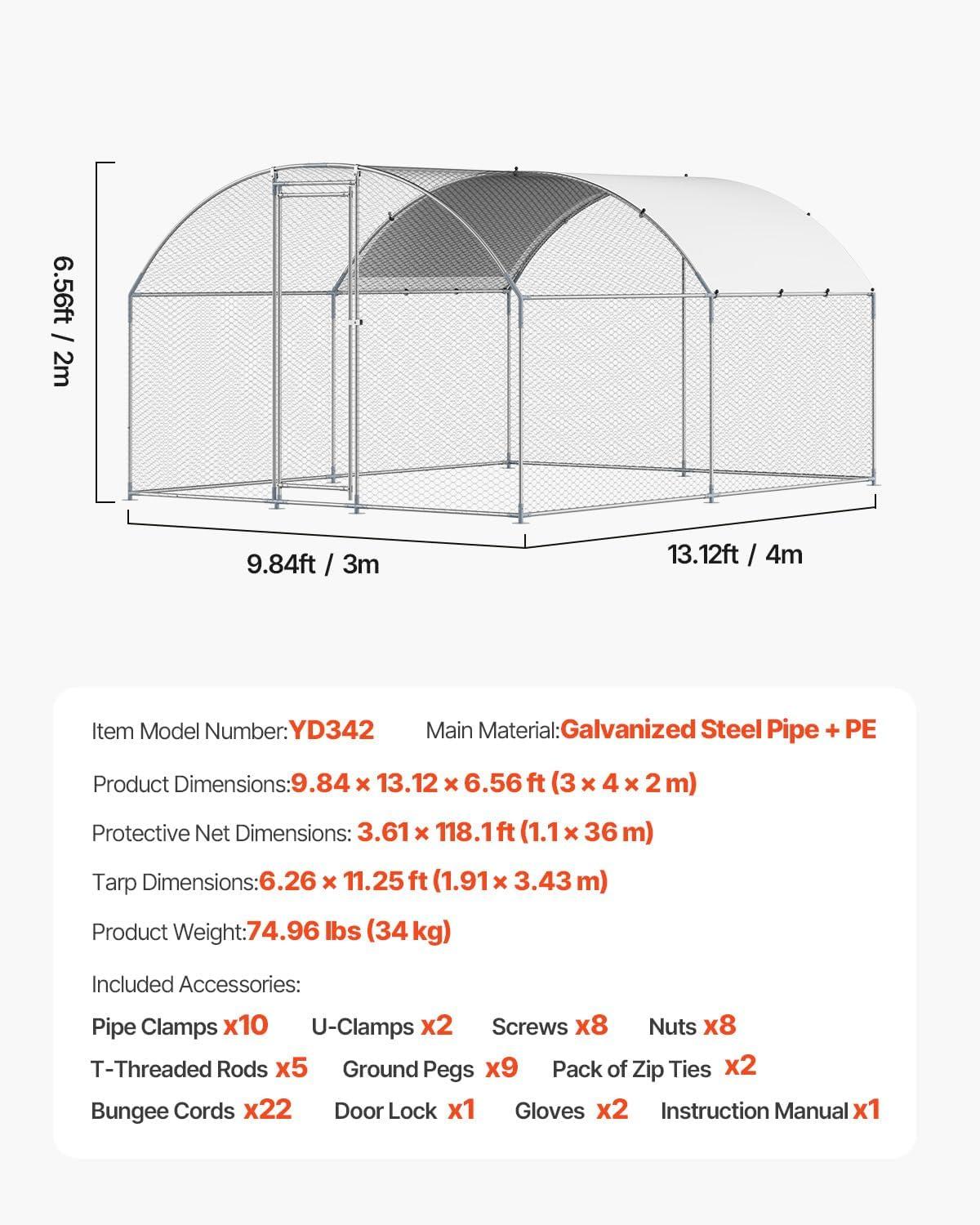 image:imageVEVOR Large Metal Chicken Coop 197x98x65ft Walkin Chicken Runs for Yard with Cover Spire Roof Hen House with Security Lock for Outdoor and Backyard Farm Duck Rabbit Cage Poultry PenSilver Dome Roof