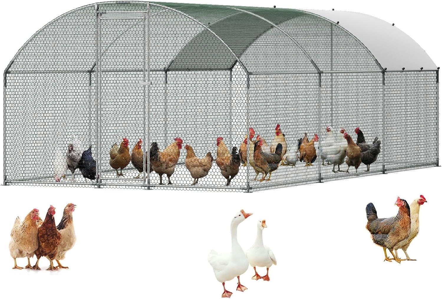 image:imageVEVOR Large Metal Chicken Coop 197x98x65ft Walkin Chicken Runs for Yard with Cover Spire Roof Hen House with Security Lock for Outdoor and Backyard Farm Duck Rabbit Cage Poultry PenSilver Dome Roof