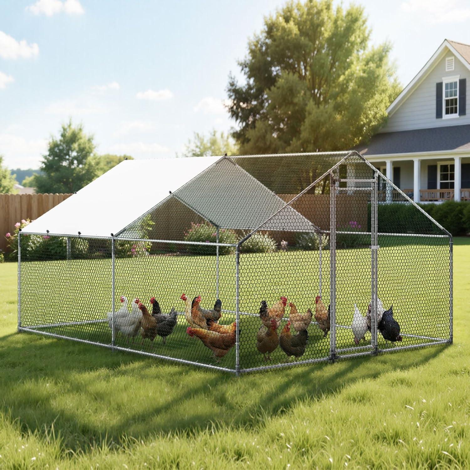 image:imageVEVOR Large Metal Chicken Coop 197x98x65ft Walkin Chicken Runs for Yard with Cover Spire Roof Hen House with Security Lock for Outdoor and Backyard Farm Duck Rabbit Cage Poultry PenSilver Spire Roof