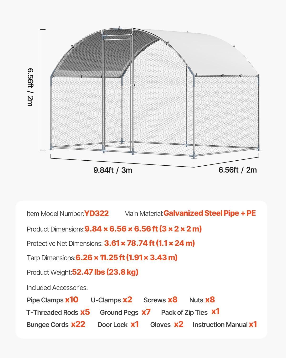 image:imageVEVOR Large Metal Chicken Coop 197x98x65ft Walkin Chicken Runs for Yard with Cover Spire Roof Hen House with Security Lock for Outdoor and Backyard Farm Duck Rabbit Cage Poultry PenSilver Dome Roof