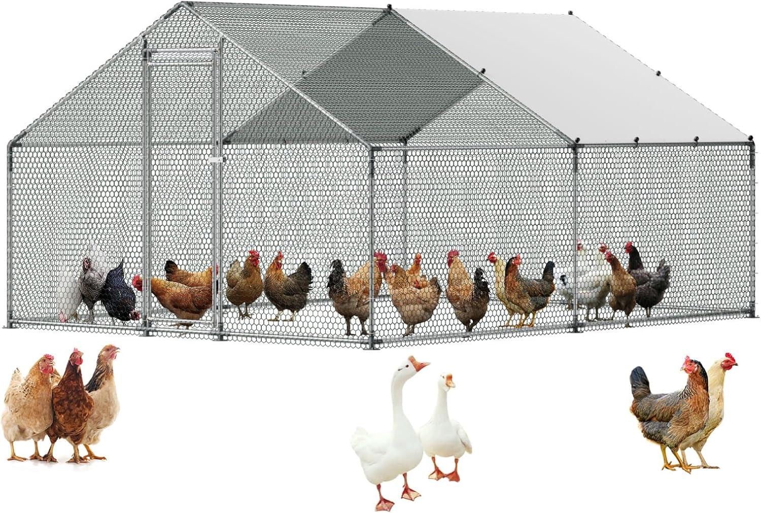 image:imageVEVOR Large Metal Chicken Coop 197x98x65ft Walkin Chicken Runs for Yard with Cover Spire Roof Hen House with Security Lock for Outdoor and Backyard Farm Duck Rabbit Cage Poultry PenSilver Spire Roof
