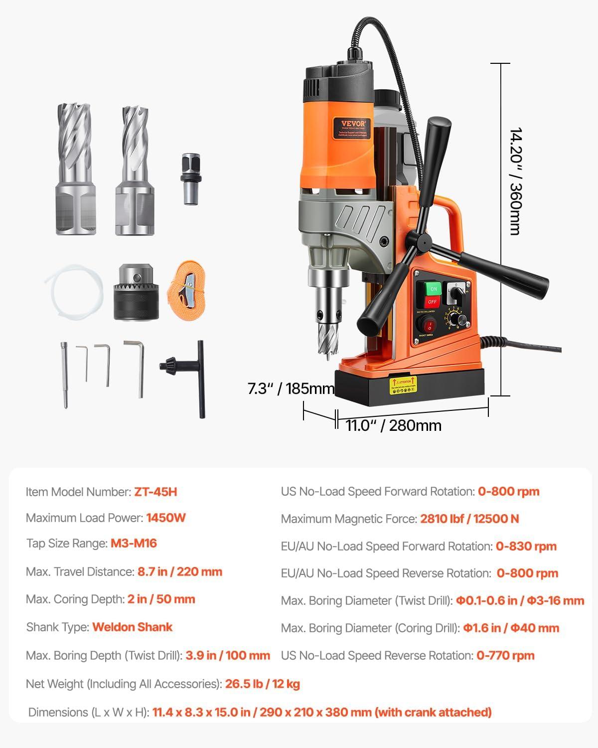 image:imageVEVOR Magnetic Drill 1450W Motor 16 in Boring Diameter 2810 lbf Portable Electric Mag Drill Press with 2 Coring Bits Variable Speed Drilling Machine for Metal Surface Home Improvement IndustryW 157 2pcs Tapping NEW