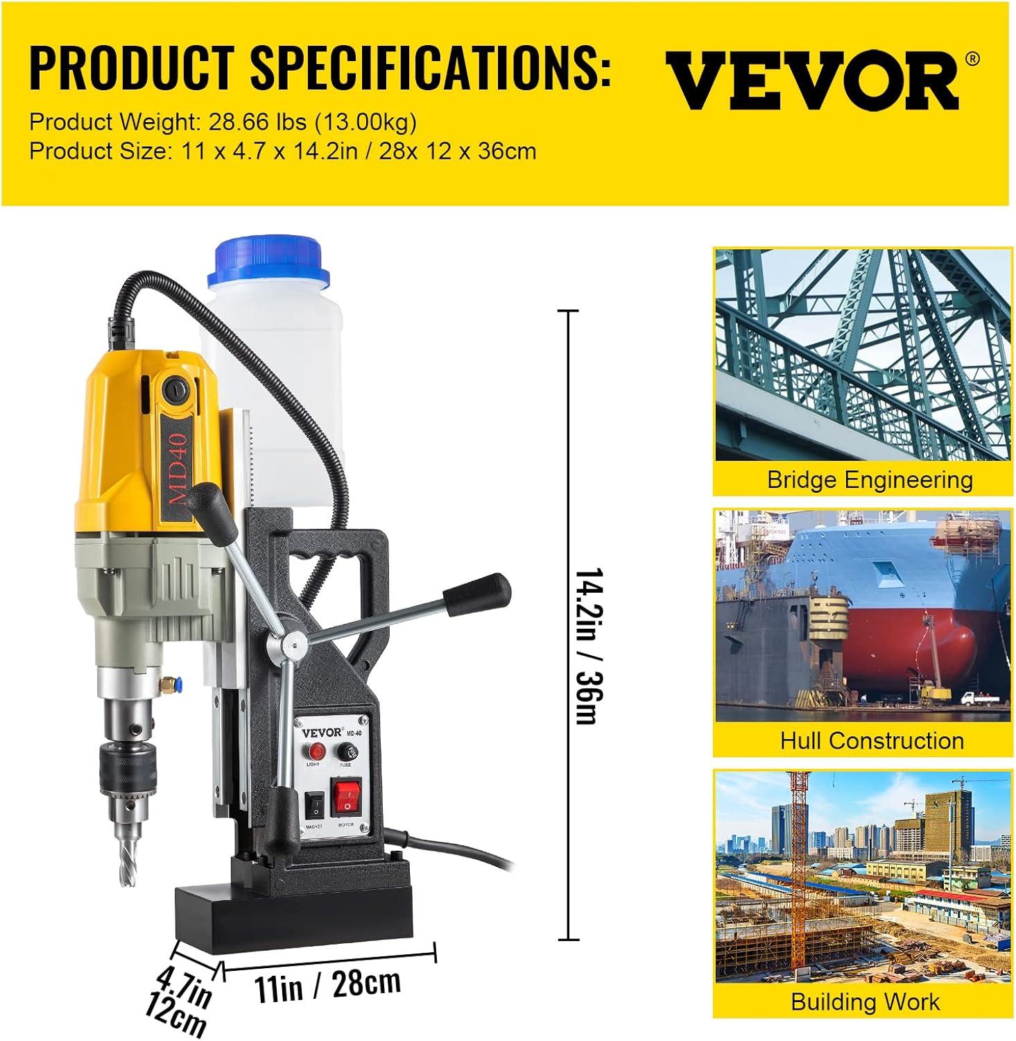 image:imageVEVOR Magnetic Drill 1450W Motor 16 in Boring Diameter 2810 lbf Portable Electric Mag Drill Press with 2 Coring Bits Variable Speed Drilling Machine for Metal Surface Home Improvement Industryw 157 7pcs