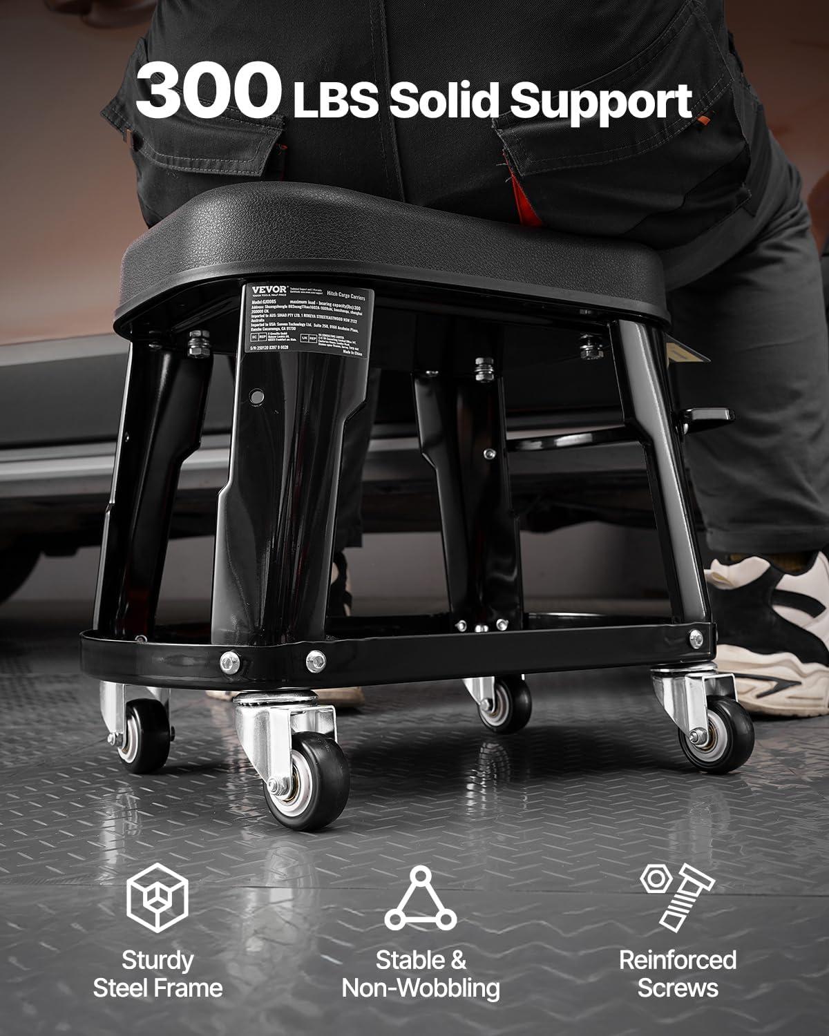 image:imageVEVOR Mechanic Stool Dual Storage Trays Rolling Stool and Garage Stool with Adjustable Height 236295 inSoft Waterproof Cushion 360 Swivel Casters 330 LBS Capacity Heavy DutyShort Stool