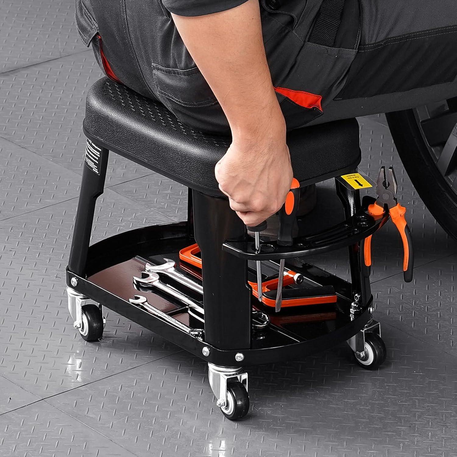 image:imageVEVOR Mechanic Stool Dual Storage Trays Rolling Stool and Garage Stool with Adjustable Height 236295 inSoft Waterproof Cushion 360 Swivel Casters 330 LBS Capacity Heavy DutyShort Stool