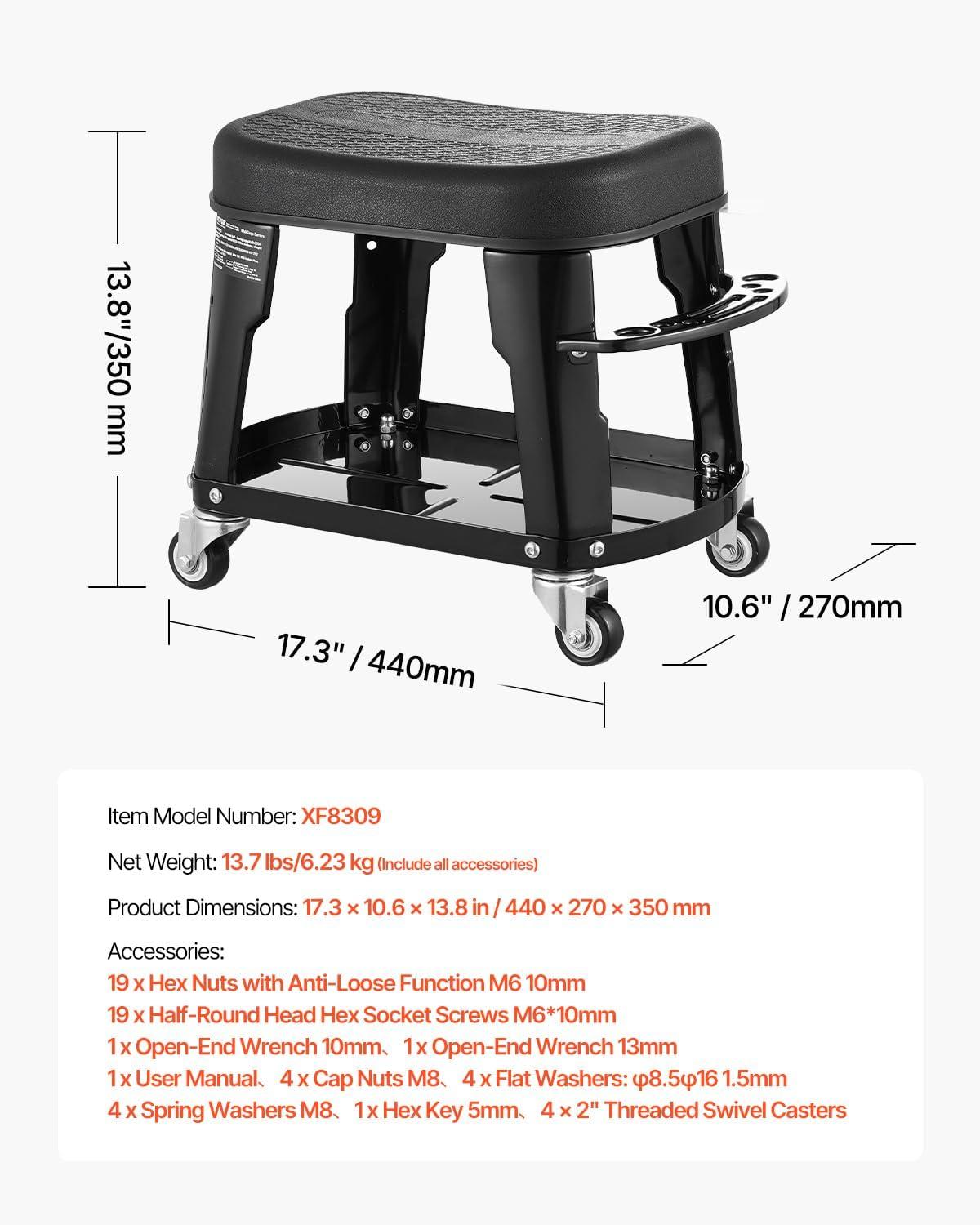 image:imageVEVOR Mechanic Stool Dual Storage Trays Rolling Stool and Garage Stool with Adjustable Height 236295 inSoft Waterproof Cushion 360 Swivel Casters 330 LBS Capacity Heavy DutyShort Stool