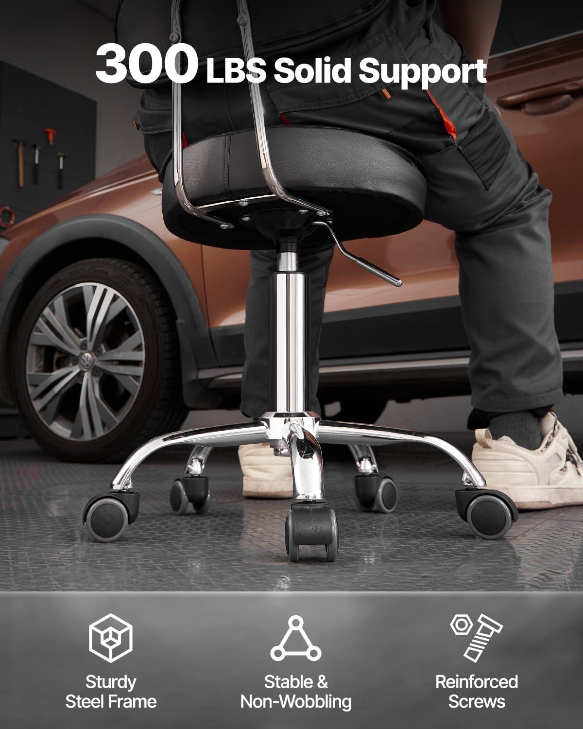 image:imageVEVOR Mechanic Stool Dual Storage Trays Rolling Stool and Garage Stool with Adjustable Height 236295 inSoft Waterproof Cushion 360 Swivel Casters 330 LBS Capacity Heavy Dutywith Backrest and Casters