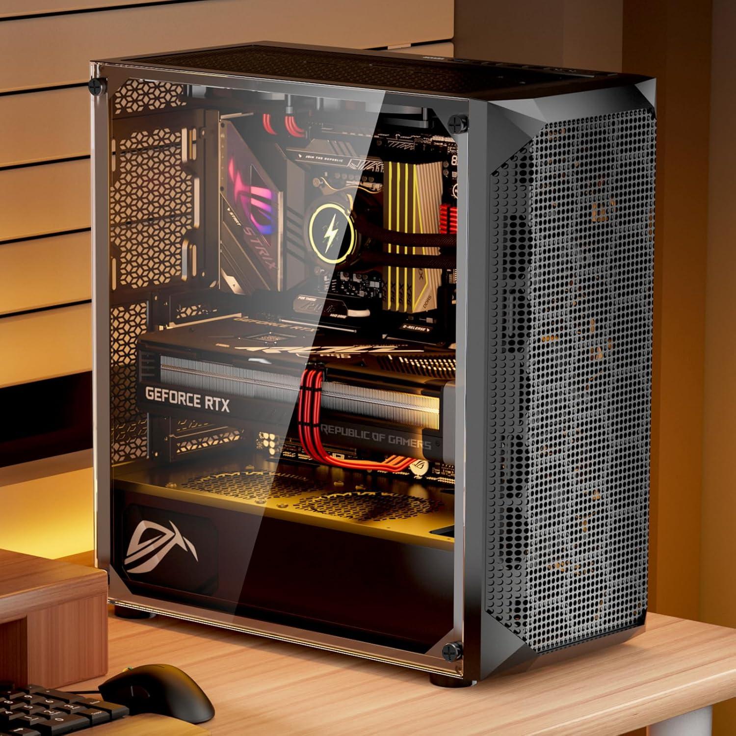 image:imageVEVOR PC Gaming Case MidTower Computer Case with HighAirflow Tempered Glass Panel Dust Filter 2 x 120 mm Fans Cable Management for GPU up to 360 mm in Length Compatible with ATXMATXITXFullTower