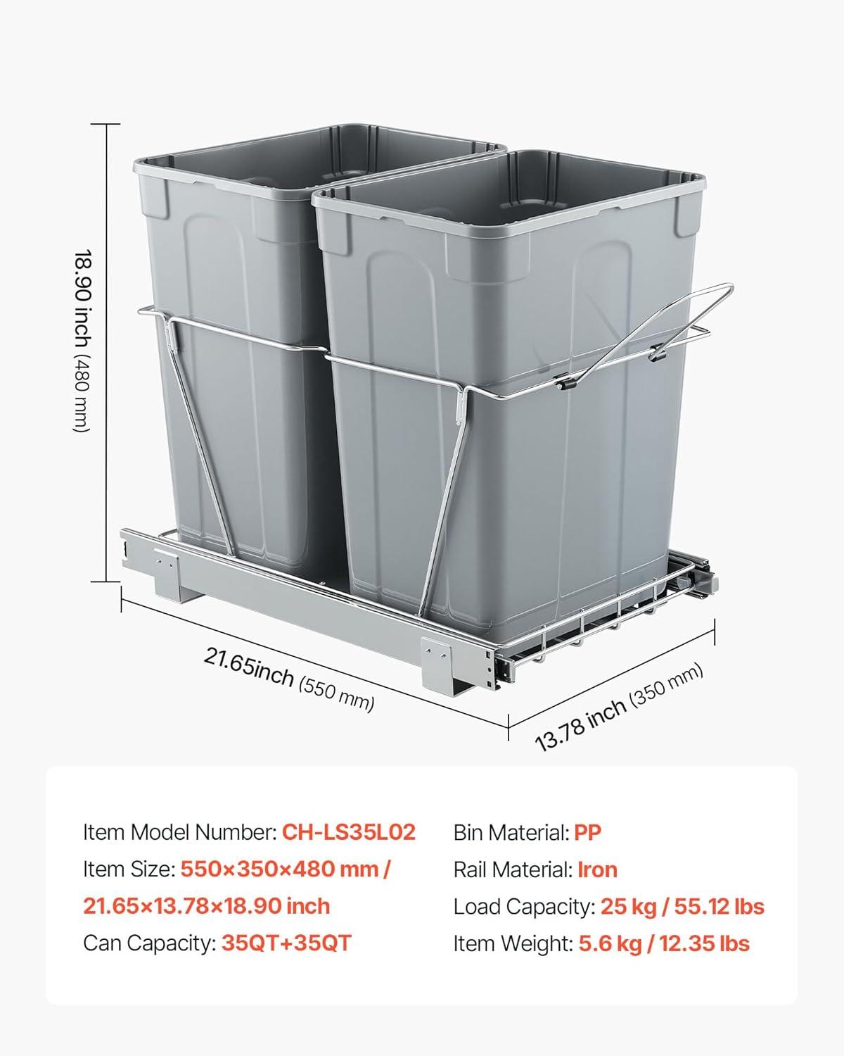 image:imageVEVOR PullOut Trash Can 27 QT x2 Double Under Mount Kitchen Waste Container Heavy Duty Garbage Recycling Bin with Door Kit and Soft Close Slide for Kitchen Cabinet Sink Under Counter Grey70QT35QTx2