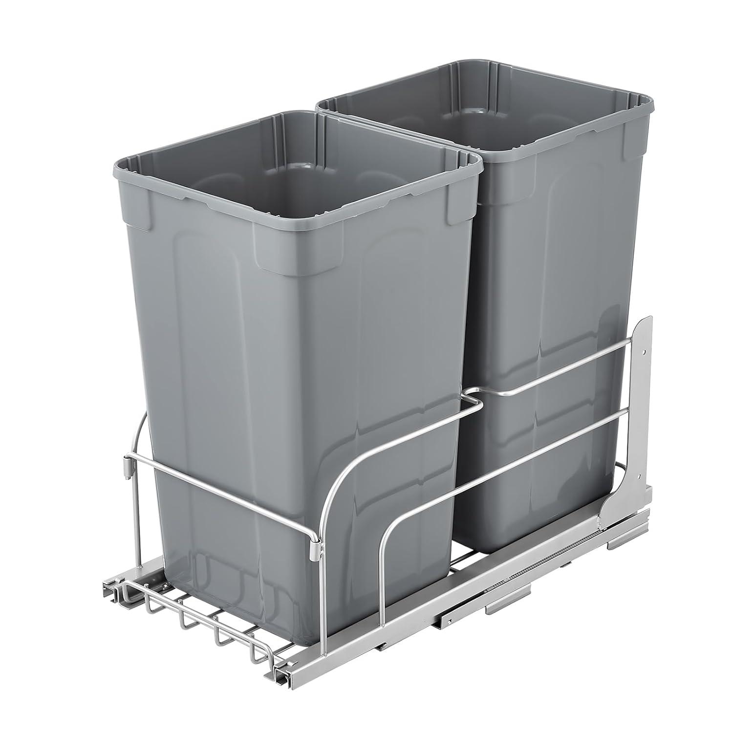 image:imageVEVOR PullOut Trash Can 27 QT x2 Double Under Mount Kitchen Waste Container Heavy Duty Garbage Recycling Bin with Door Kit and Soft Close Slide for Kitchen Cabinet Sink Under Counter Grey54QT