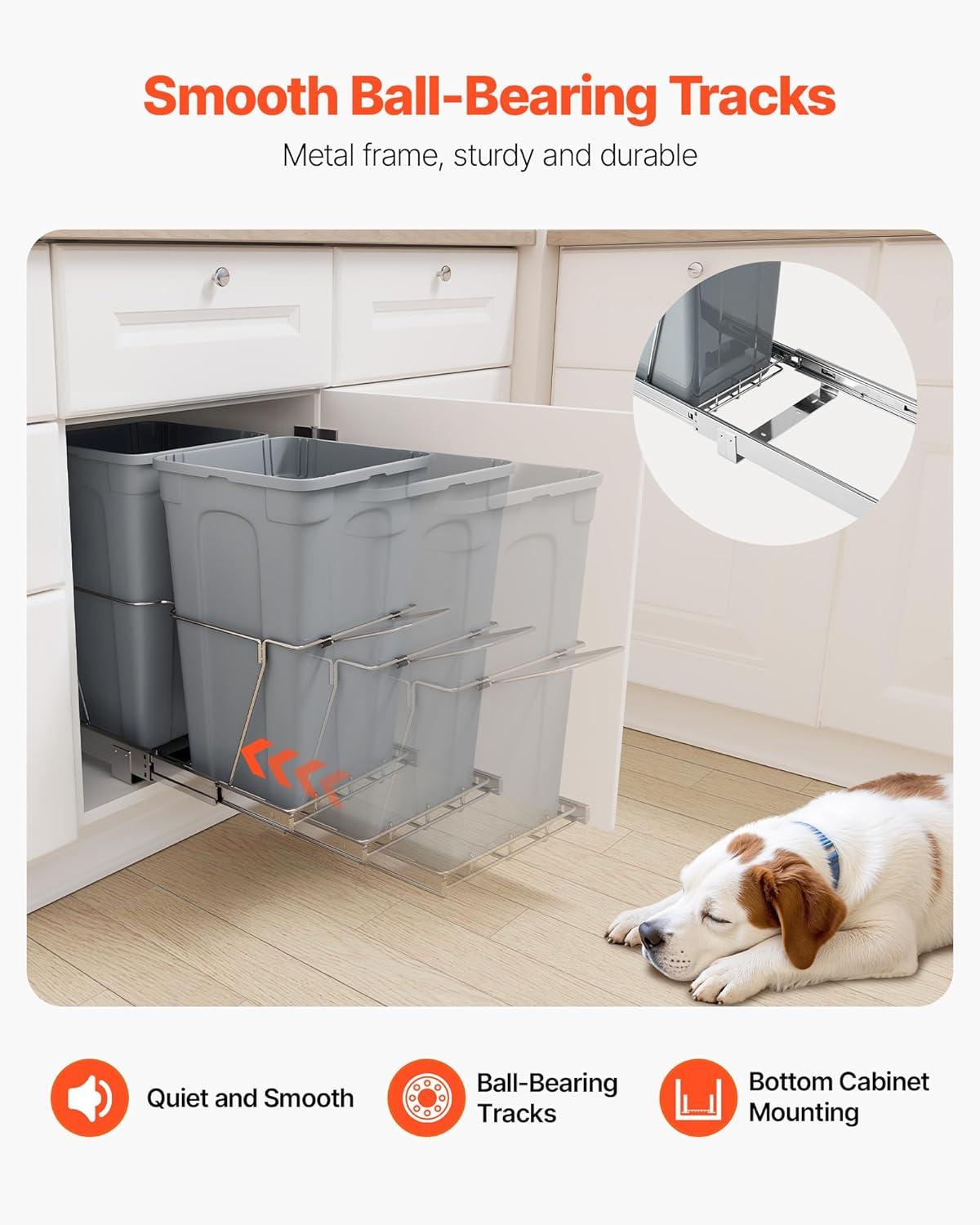 image:imageVEVOR PullOut Trash Can 27 QT x2 Double Under Mount Kitchen Waste Container Heavy Duty Garbage Recycling Bin with Door Kit and Soft Close Slide for Kitchen Cabinet Sink Under Counter Grey54QT27QTx2
