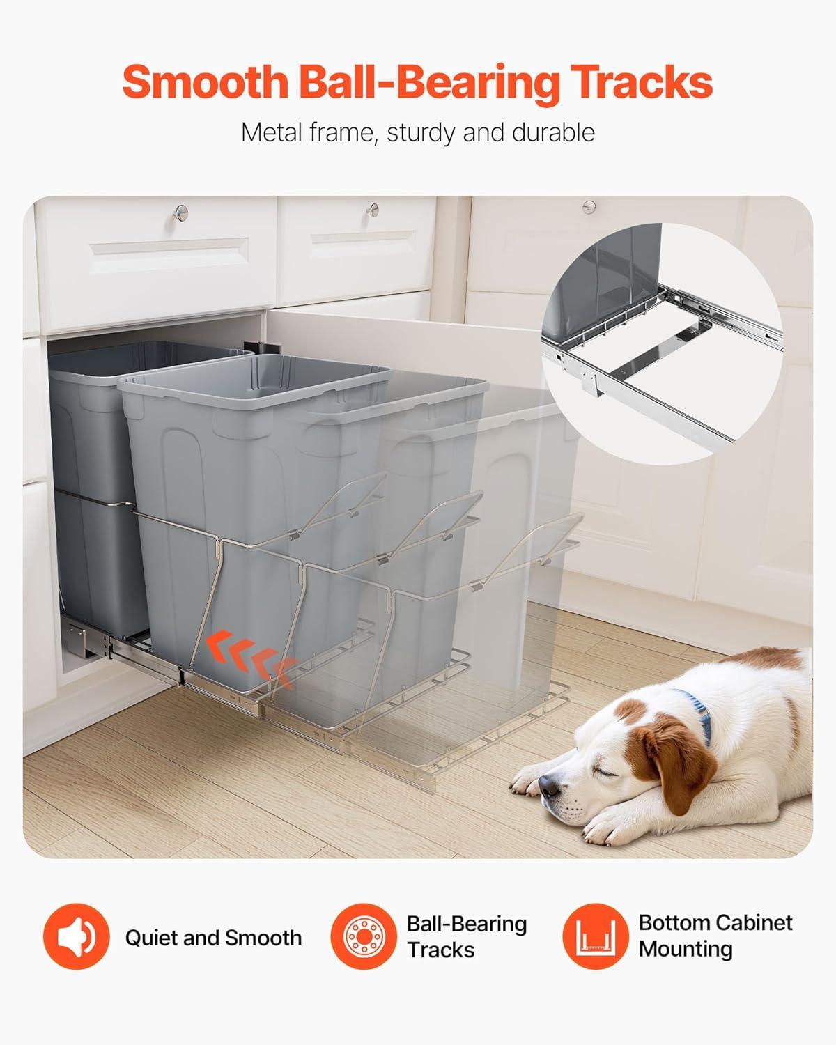 image:imageVEVOR PullOut Trash Can 27 QT x2 Double Under Mount Kitchen Waste Container Heavy Duty Garbage Recycling Bin with Door Kit and Soft Close Slide for Kitchen Cabinet Sink Under Counter Grey70QT35QTx2