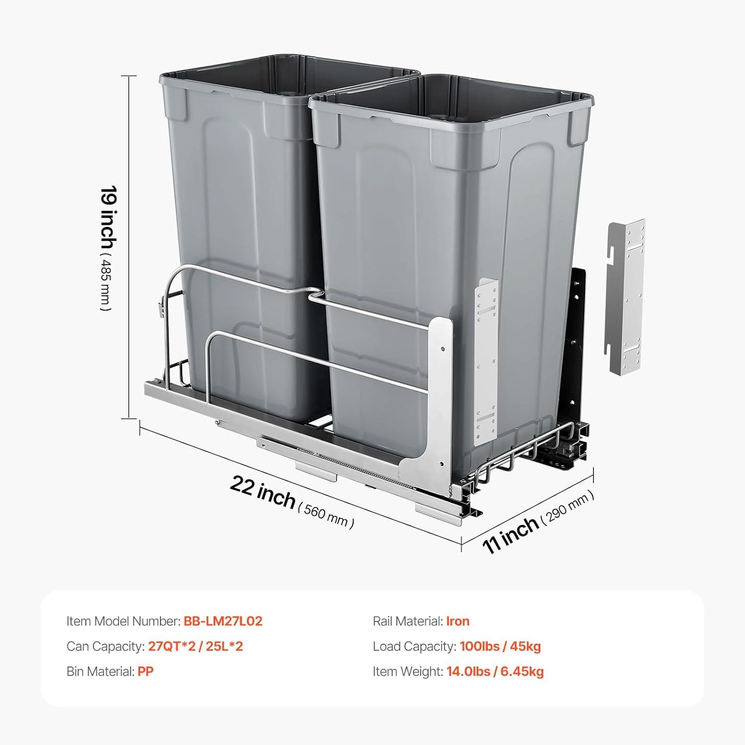 image:imageVEVOR PullOut Trash Can 27 QT x2 Double Under Mount Kitchen Waste Container Heavy Duty Garbage Recycling Bin with Door Kit and Soft Close Slide for Kitchen Cabinet Sink Under Counter Grey54QT