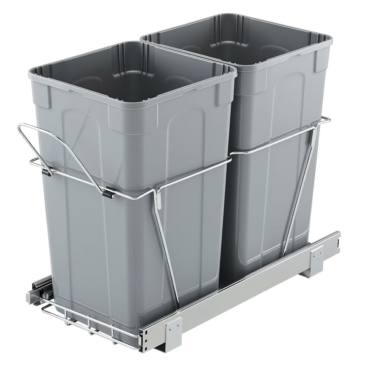 image:imageVEVOR PullOut Trash Can 27 QT x2 Double Under Mount Kitchen Waste Container Heavy Duty Garbage Recycling Bin with Door Kit and Soft Close Slide for Kitchen Cabinet Sink Under Counter Grey54QT27QTx2