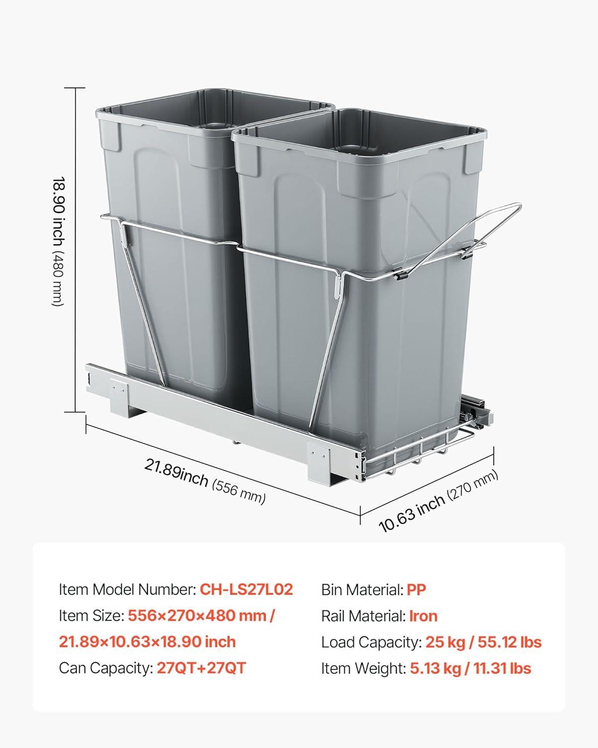 image:imageVEVOR PullOut Trash Can 27 QT x2 Double Under Mount Kitchen Waste Container Heavy Duty Garbage Recycling Bin with Door Kit and Soft Close Slide for Kitchen Cabinet Sink Under Counter Grey54QT27QTx2