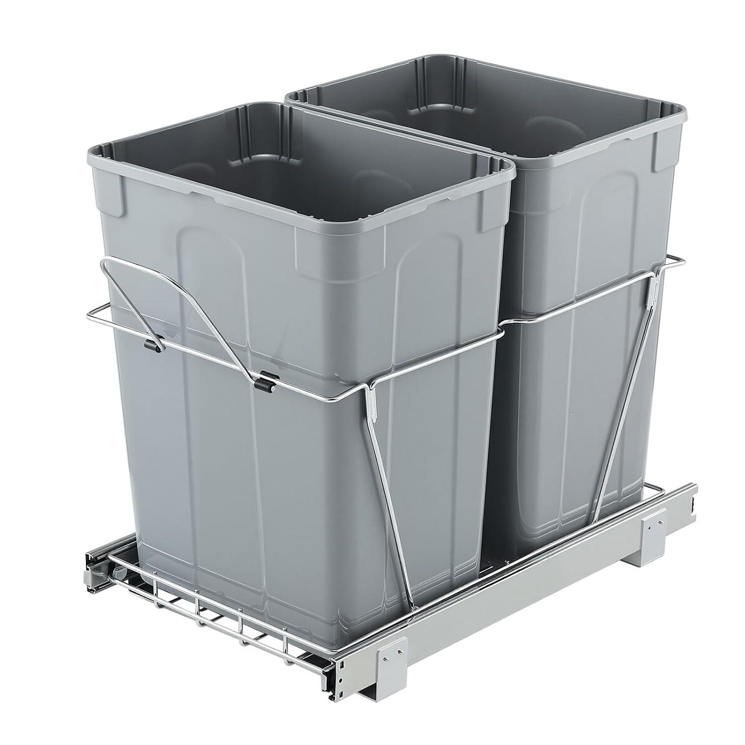 image:imageVEVOR PullOut Trash Can 27 QT x2 Double Under Mount Kitchen Waste Container Heavy Duty Garbage Recycling Bin with Door Kit and Soft Close Slide for Kitchen Cabinet Sink Under Counter Grey70QT35QTx2
