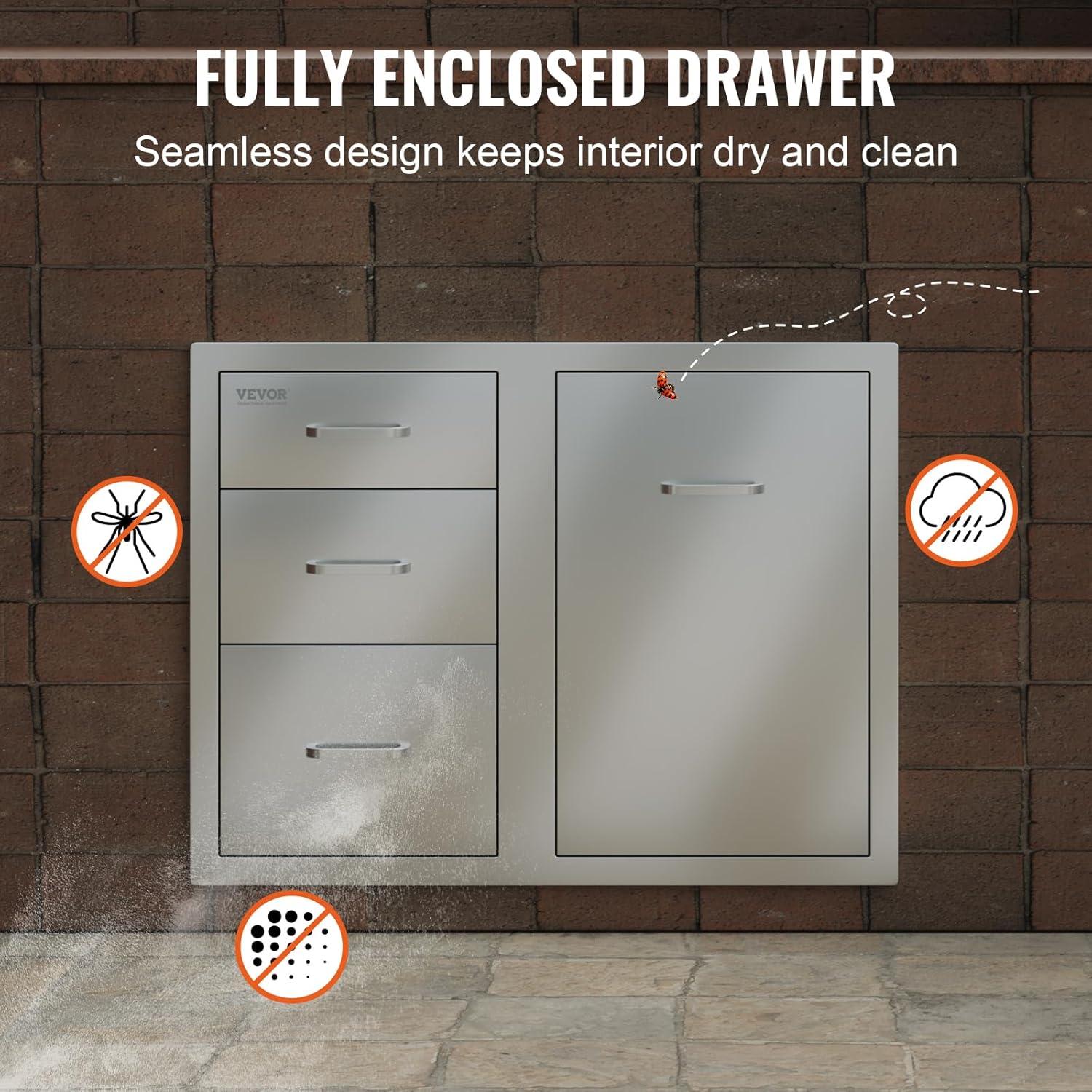 image:imageVEVOR PullOut Trash Drawer 134W x 257H x 196D Lower Sliding Rails Steel RollOut Trash Bin PullOut Tray Outdoor Handled Kitchen Trash Drawer for BBQ Island Grill Station Trash Can NOT IncludedDrawerDoor Combo