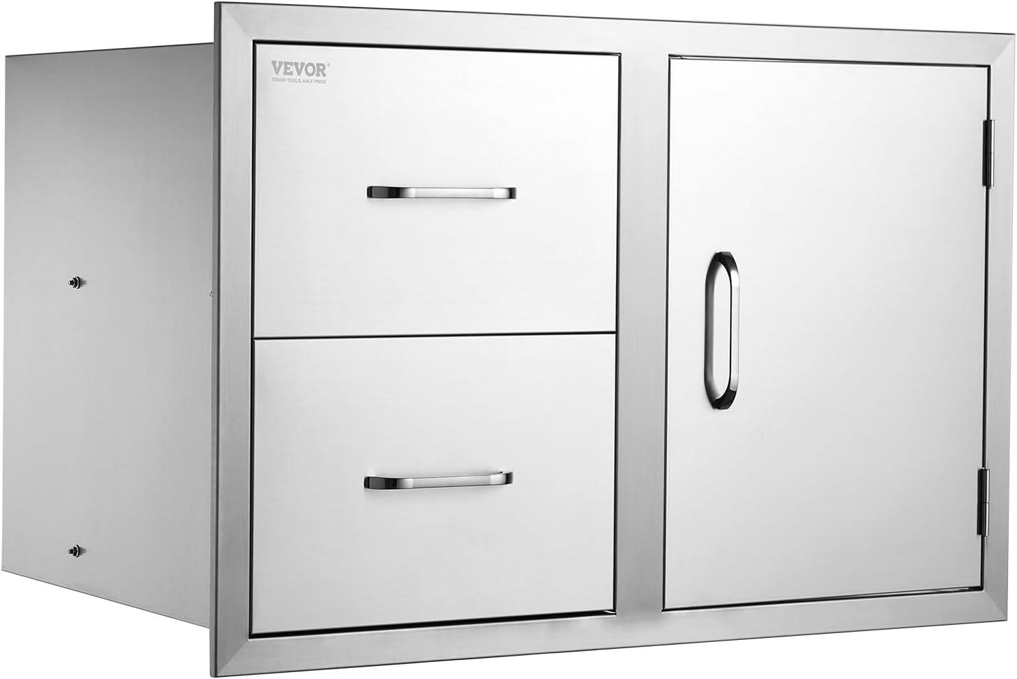 image:imageVEVOR PullOut Trash Drawer 134W x 257H x 196D Lower Sliding Rails Steel RollOut Trash Bin PullOut Tray Outdoor Handled Kitchen Trash Drawer for BBQ Island Grill Station Trash Can NOT IncludedDrawerDoor Combo