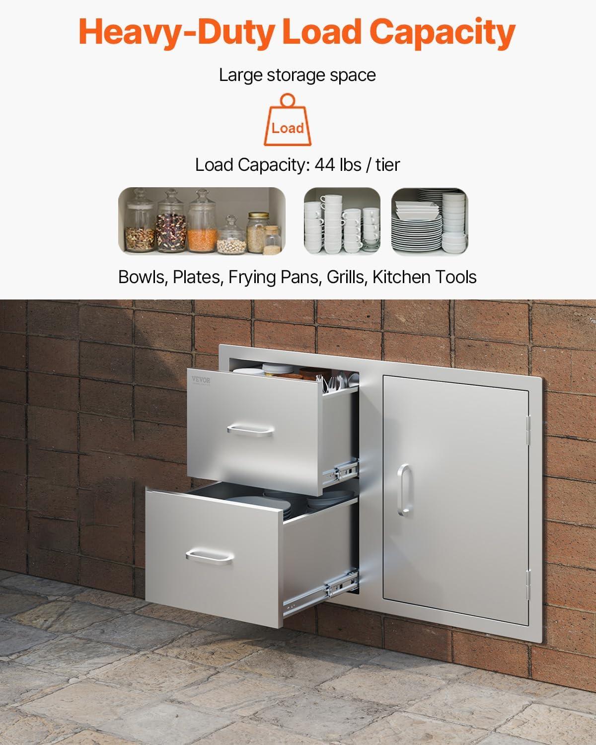image:imageVEVOR PullOut Trash Drawer 134W x 257H x 196D Lower Sliding Rails Steel RollOut Trash Bin PullOut Tray Outdoor Handled Kitchen Trash Drawer for BBQ Island Grill Station Trash Can NOT IncludedDrawerDoor Combo