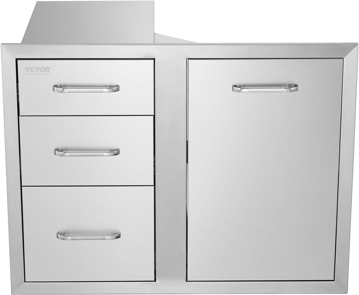 image:imageVEVOR PullOut Trash Drawer 134W x 257H x 196D Lower Sliding Rails Steel RollOut Trash Bin PullOut Tray Outdoor Handled Kitchen Trash Drawer for BBQ Island Grill Station Trash Can NOT IncludedDrawerDoor Combo