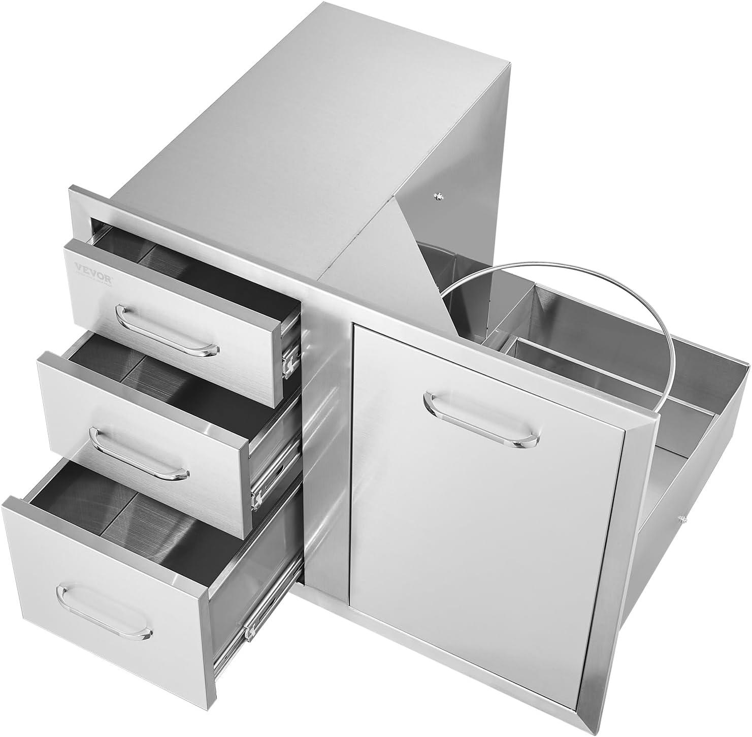 image:imageVEVOR PullOut Trash Drawer 134W x 257H x 196D Lower Sliding Rails Steel RollOut Trash Bin PullOut Tray Outdoor Handled Kitchen Trash Drawer for BBQ Island Grill Station Trash Can NOT IncludedDrawerDoor Combo