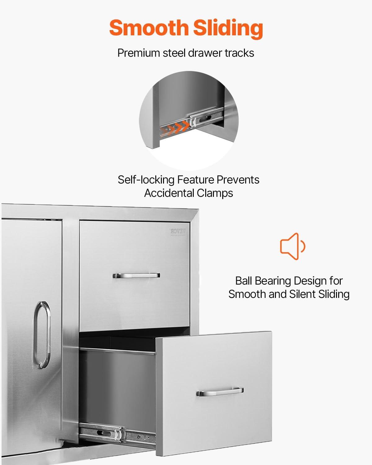 image:imageVEVOR PullOut Trash Drawer 134W x 257H x 196D Lower Sliding Rails Steel RollOut Trash Bin PullOut Tray Outdoor Handled Kitchen Trash Drawer for BBQ Island Grill Station Trash Can NOT IncludedDrawerDoor Combo