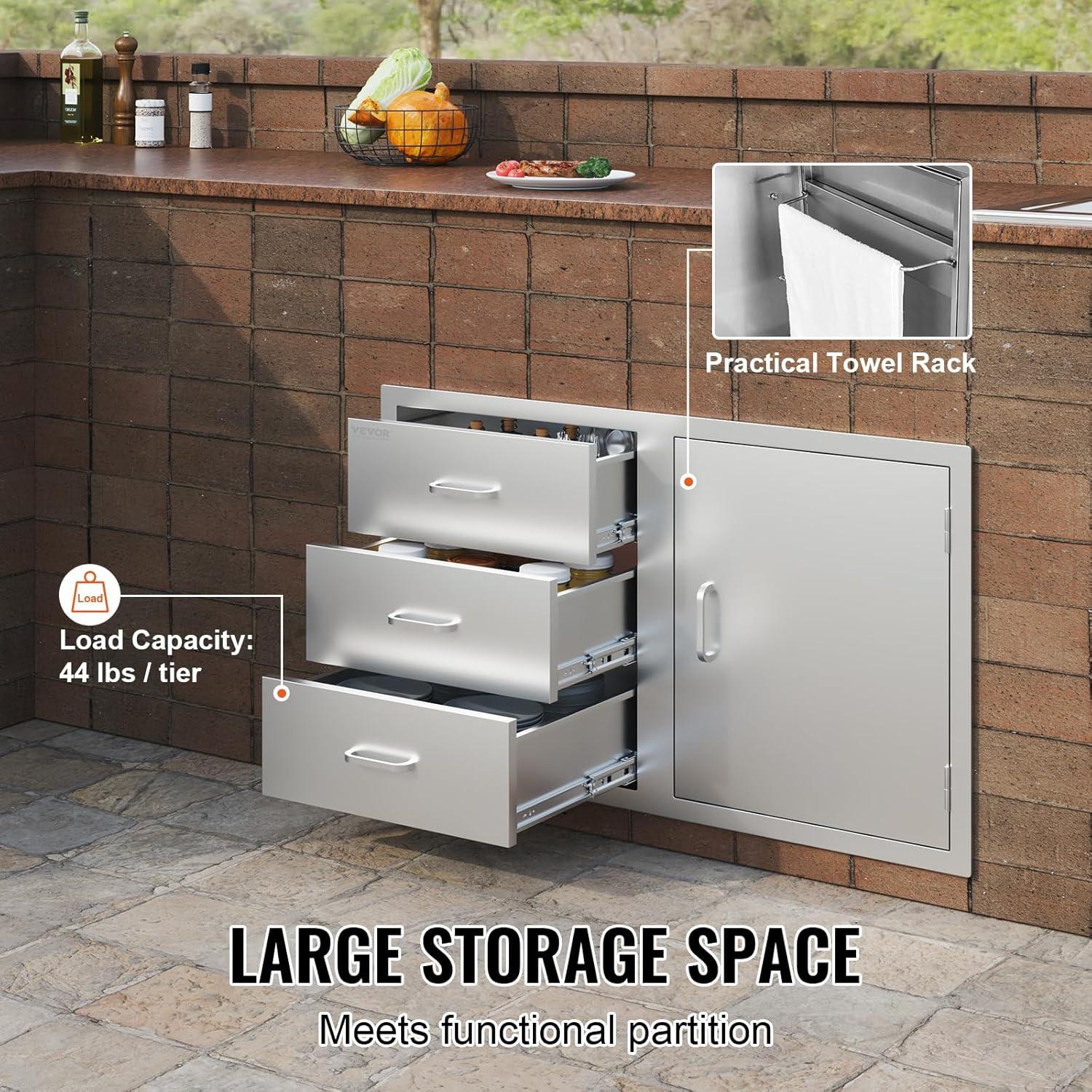 image:imageVEVOR PullOut Trash Drawer 134W x 257H x 196D Lower Sliding Rails Steel RollOut Trash Bin PullOut Tray Outdoor Handled Kitchen Trash Drawer for BBQ Island Grill Station Trash Can NOT IncludedDrawerDoor Combo
