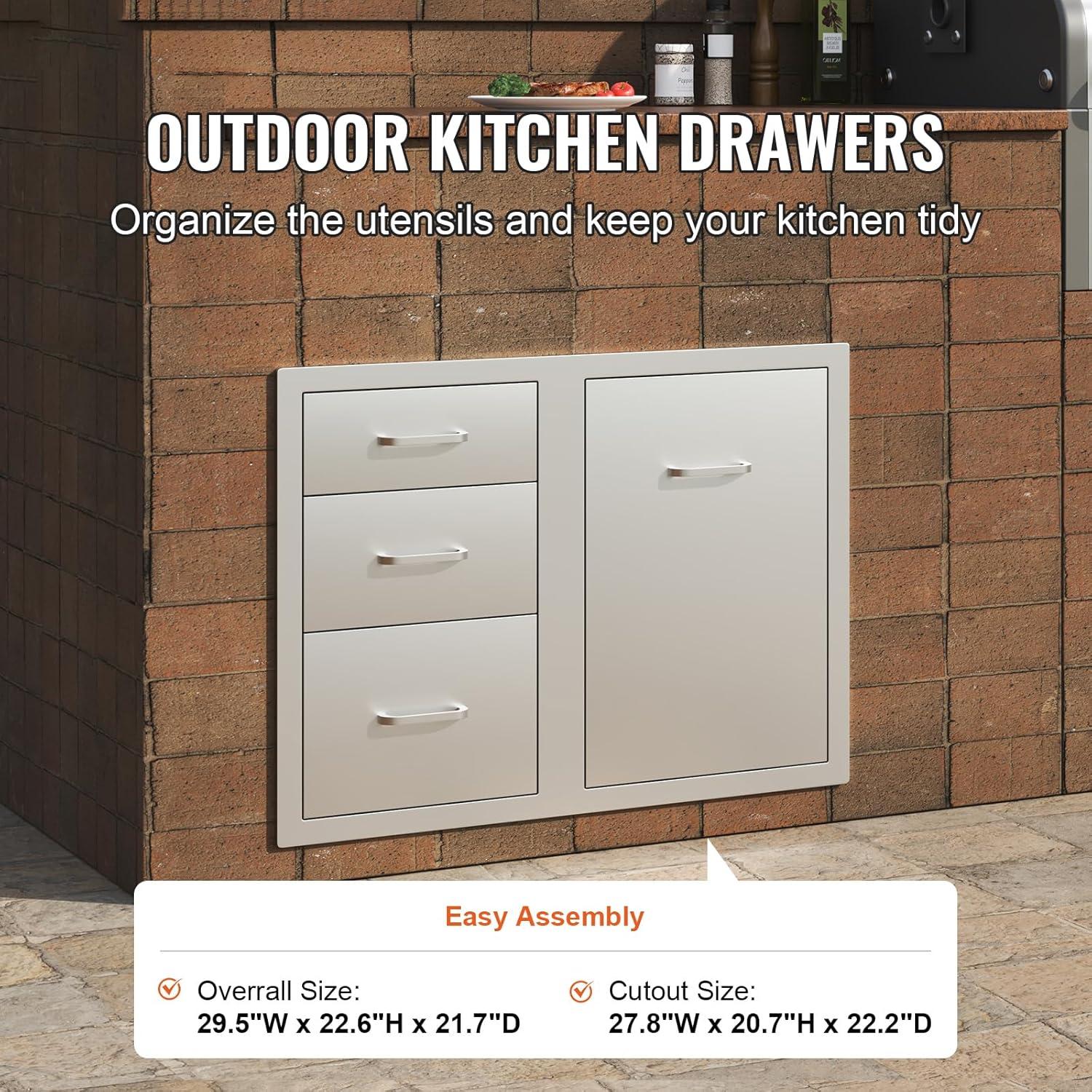 image:imageVEVOR PullOut Trash Drawer 134W x 257H x 196D Lower Sliding Rails Steel RollOut Trash Bin PullOut Tray Outdoor Handled Kitchen Trash Drawer for BBQ Island Grill Station Trash Can NOT IncludedDrawerDoor Combo