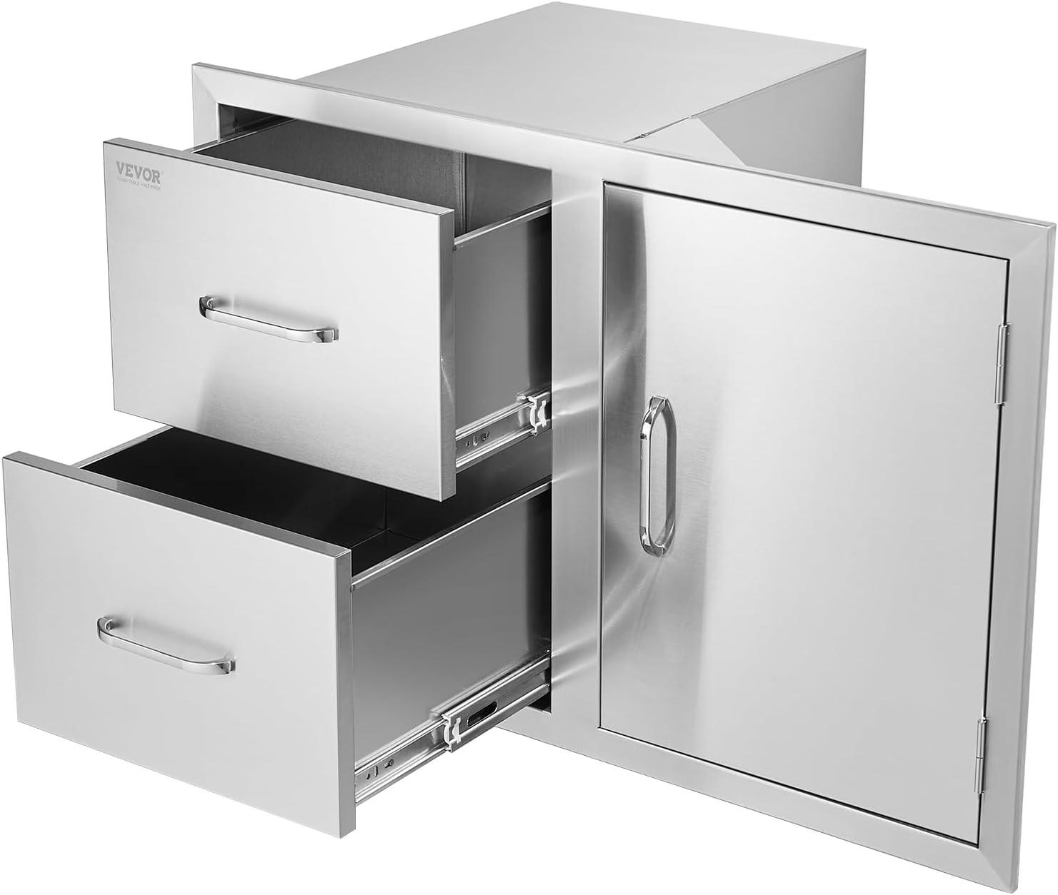 image:imageVEVOR PullOut Trash Drawer 134W x 257H x 196D Lower Sliding Rails Steel RollOut Trash Bin PullOut Tray Outdoor Handled Kitchen Trash Drawer for BBQ Island Grill Station Trash Can NOT IncludedDrawerDoor Combo