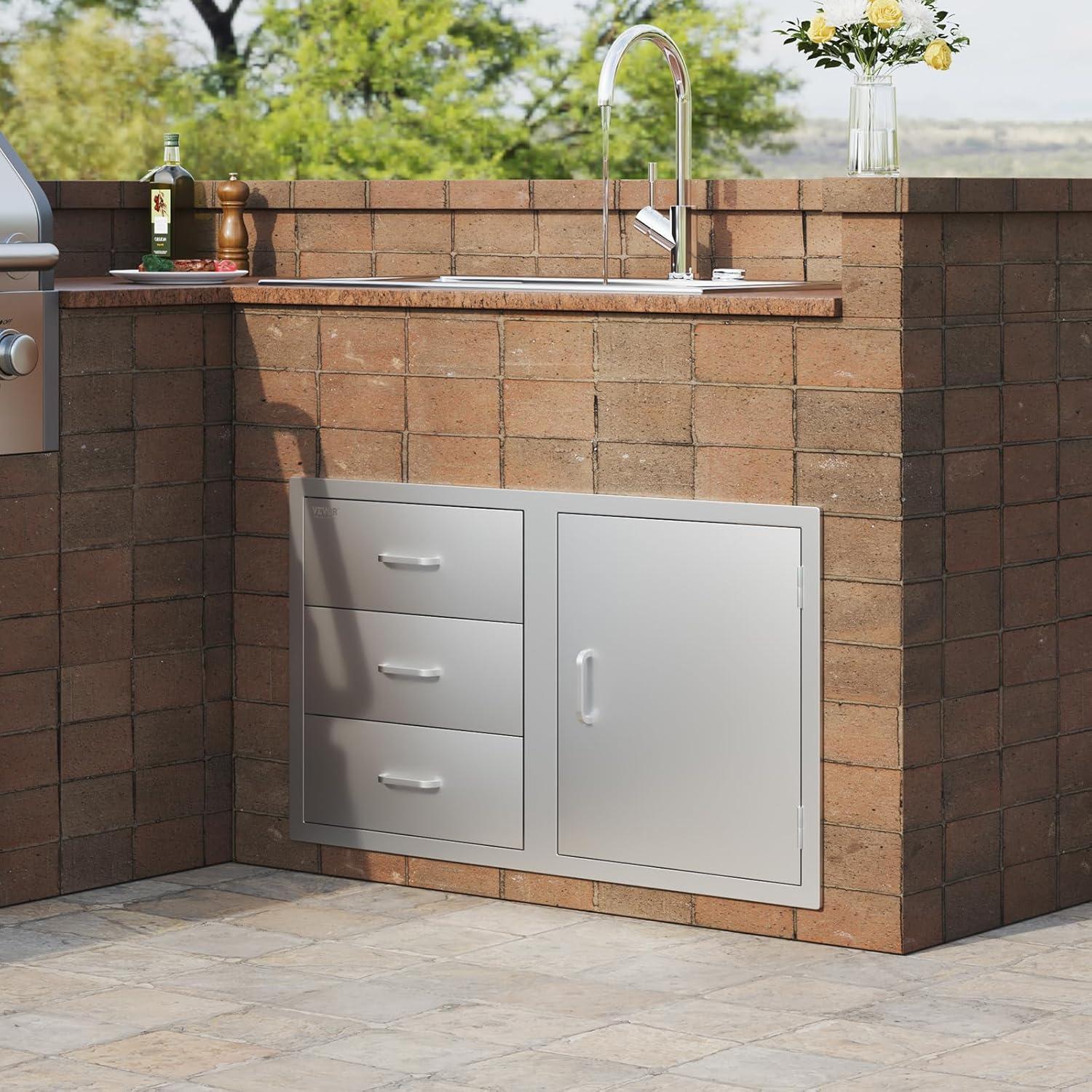 image:imageVEVOR PullOut Trash Drawer 134W x 257H x 196D Lower Sliding Rails Steel RollOut Trash Bin PullOut Tray Outdoor Handled Kitchen Trash Drawer for BBQ Island Grill Station Trash Can NOT IncludedDrawerDoor Combo