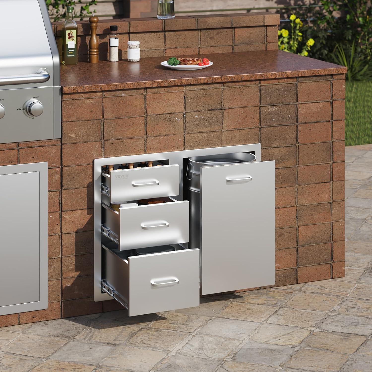 image:imageVEVOR PullOut Trash Drawer 134W x 257H x 196D Lower Sliding Rails Steel RollOut Trash Bin PullOut Tray Outdoor Handled Kitchen Trash Drawer for BBQ Island Grill Station Trash Can NOT IncludedDrawerDoor Combo