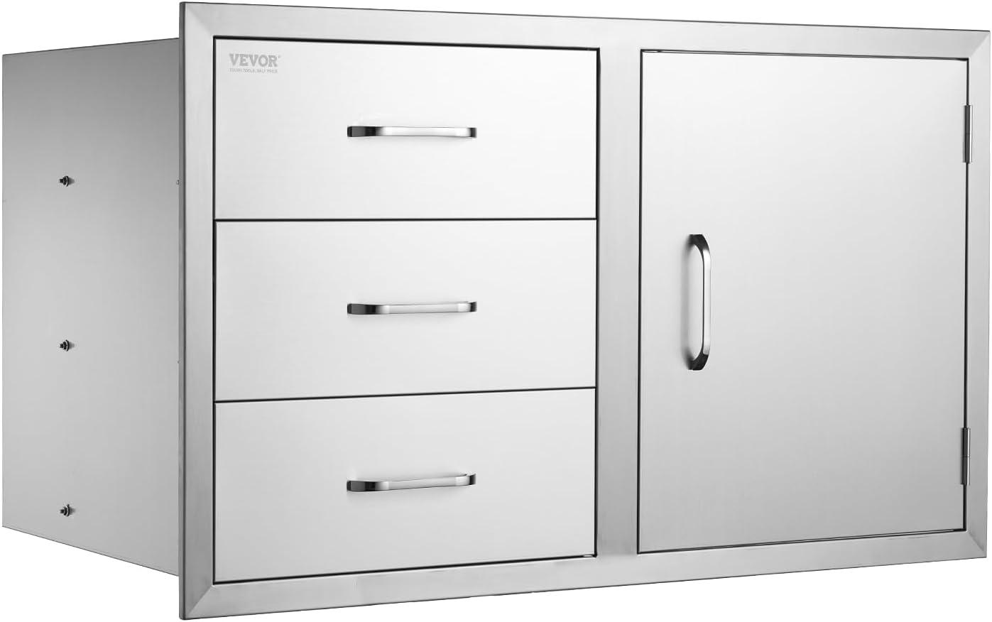 image:imageVEVOR PullOut Trash Drawer 134W x 257H x 196D Lower Sliding Rails Steel RollOut Trash Bin PullOut Tray Outdoor Handled Kitchen Trash Drawer for BBQ Island Grill Station Trash Can NOT IncludedDrawerDoor Combo