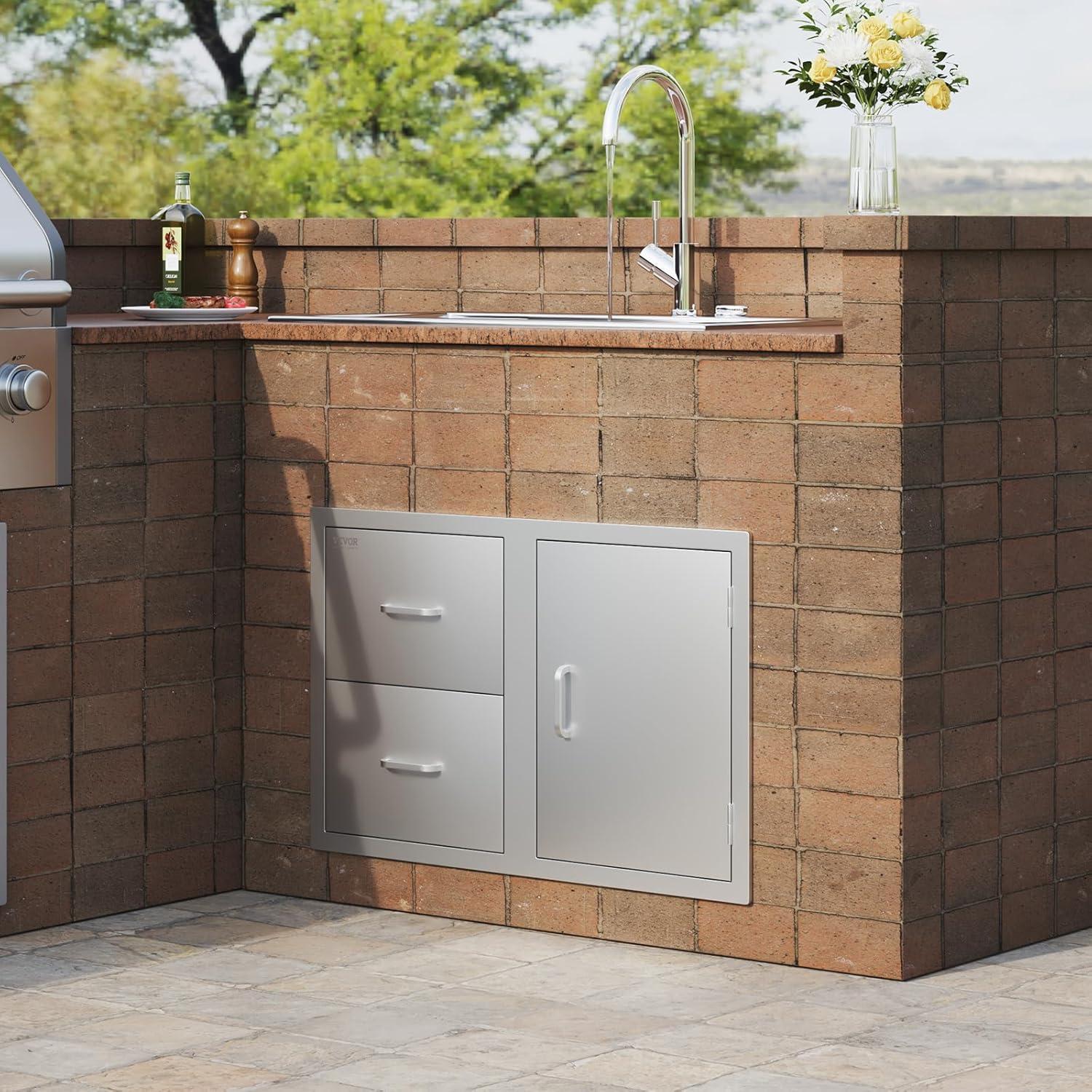 image:imageVEVOR PullOut Trash Drawer 134W x 257H x 196D Lower Sliding Rails Steel RollOut Trash Bin PullOut Tray Outdoor Handled Kitchen Trash Drawer for BBQ Island Grill Station Trash Can NOT IncludedDrawerDoor Combo