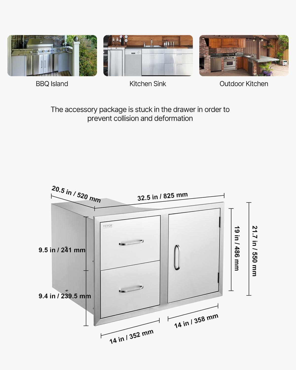 image:imageVEVOR PullOut Trash Drawer 134W x 257H x 196D Lower Sliding Rails Steel RollOut Trash Bin PullOut Tray Outdoor Handled Kitchen Trash Drawer for BBQ Island Grill Station Trash Can NOT IncludedDrawerDoor Combo