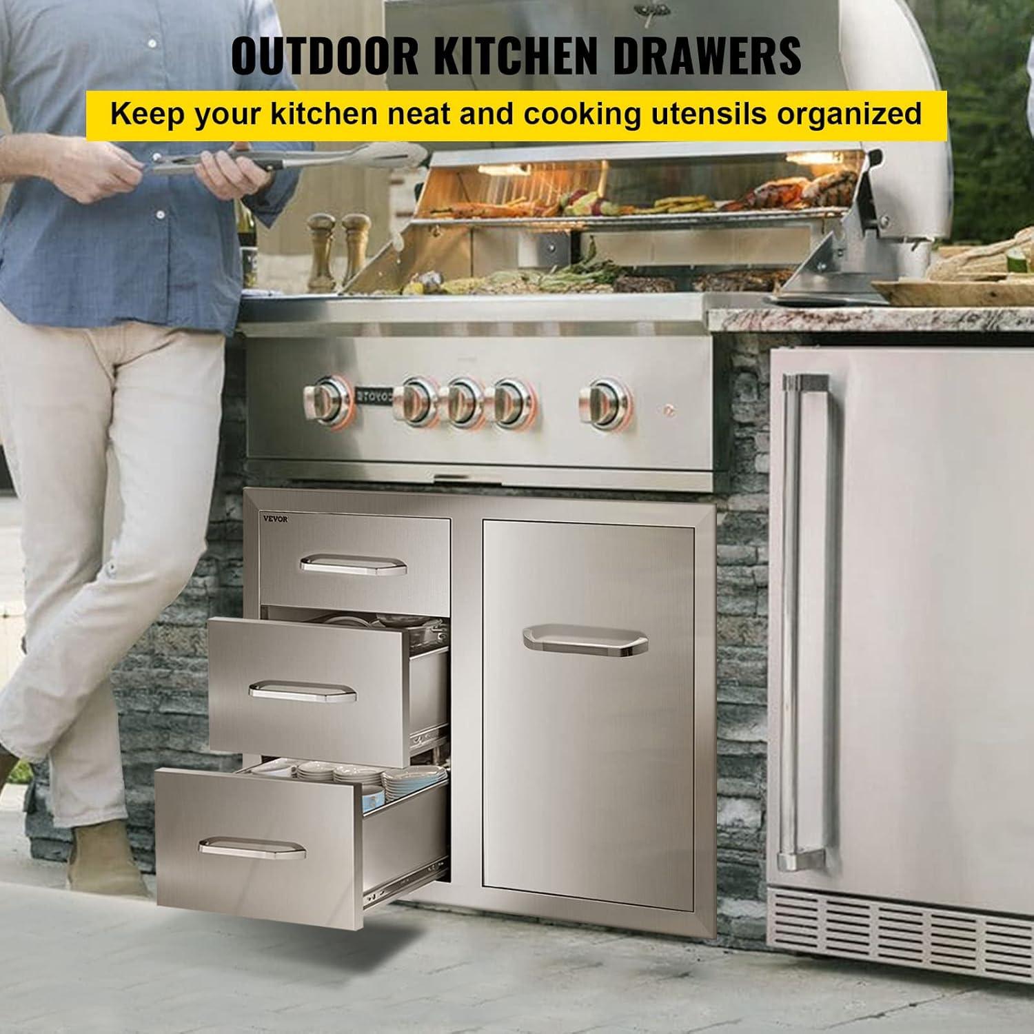 image:imageVEVOR PullOut Trash Drawer 134W x 257H x 196D Lower Sliding Rails Steel RollOut Trash Bin PullOut Tray Outdoor Handled Kitchen Trash Drawer for BBQ Island Grill Station Trash Can NOT IncludedDrawerDoor Combo