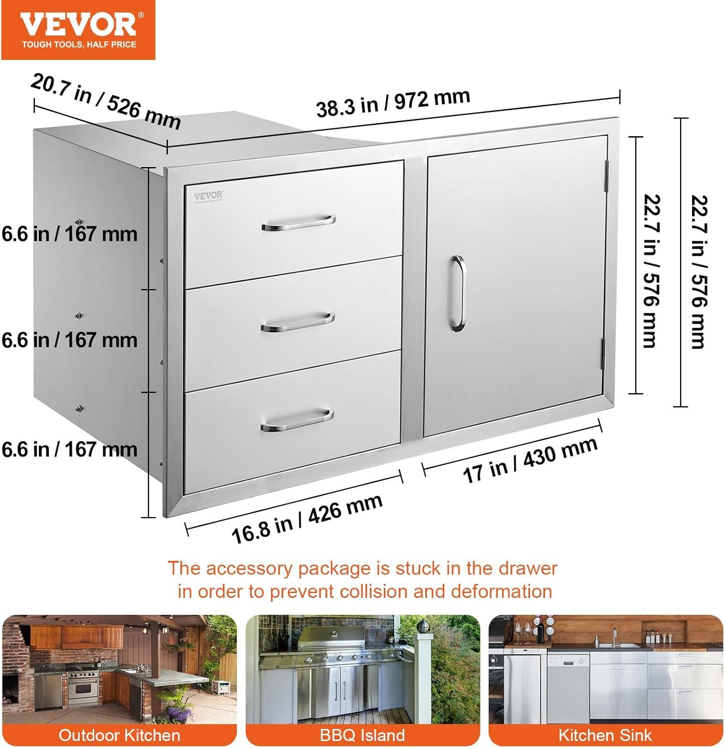image:imageVEVOR PullOut Trash Drawer 134W x 257H x 196D Lower Sliding Rails Steel RollOut Trash Bin PullOut Tray Outdoor Handled Kitchen Trash Drawer for BBQ Island Grill Station Trash Can NOT IncludedDrawerDoor Combo