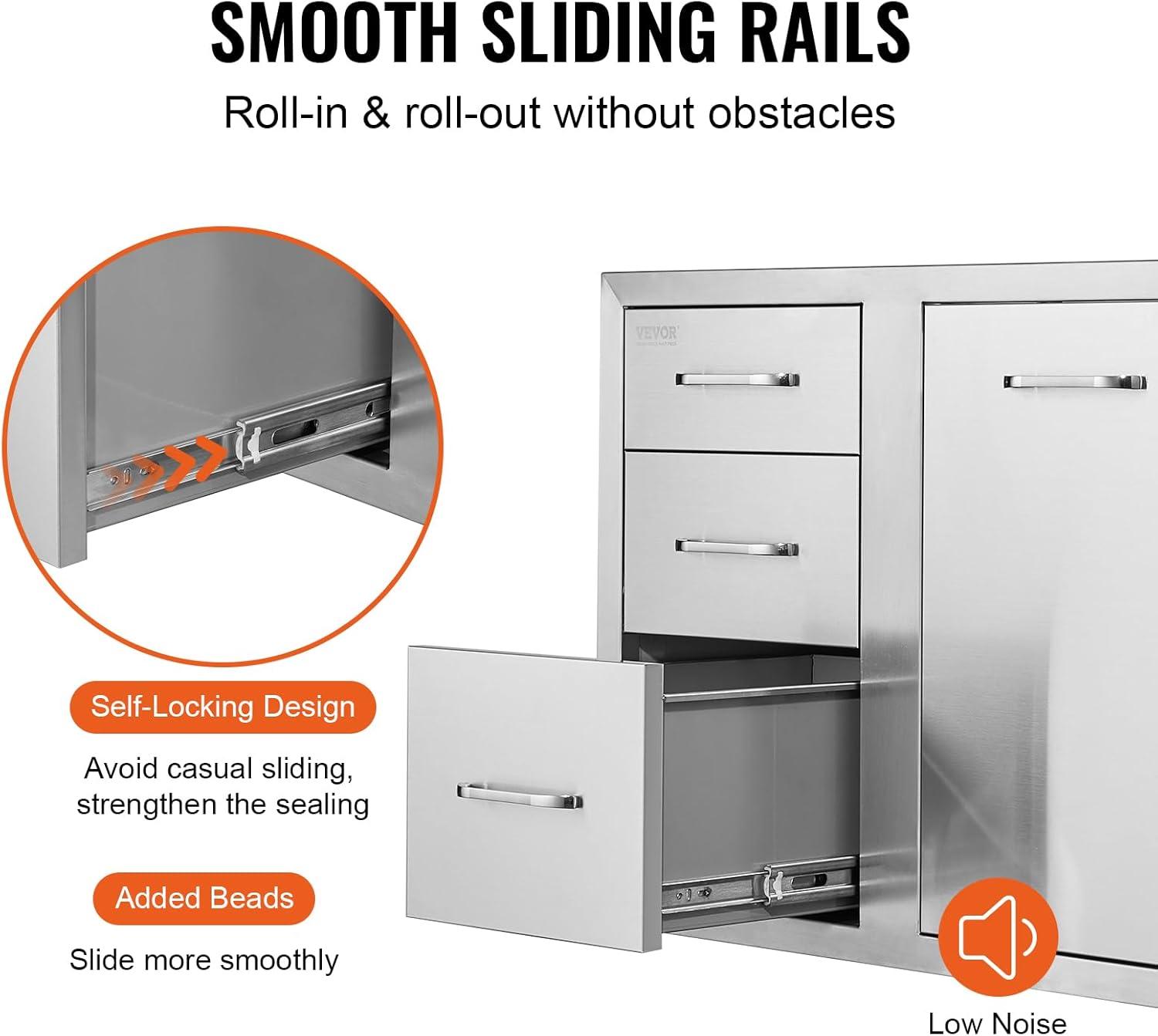 image:imageVEVOR PullOut Trash Drawer 134W x 257H x 196D Lower Sliding Rails Steel RollOut Trash Bin PullOut Tray Outdoor Handled Kitchen Trash Drawer for BBQ Island Grill Station Trash Can NOT IncludedDrawerDoor Combo