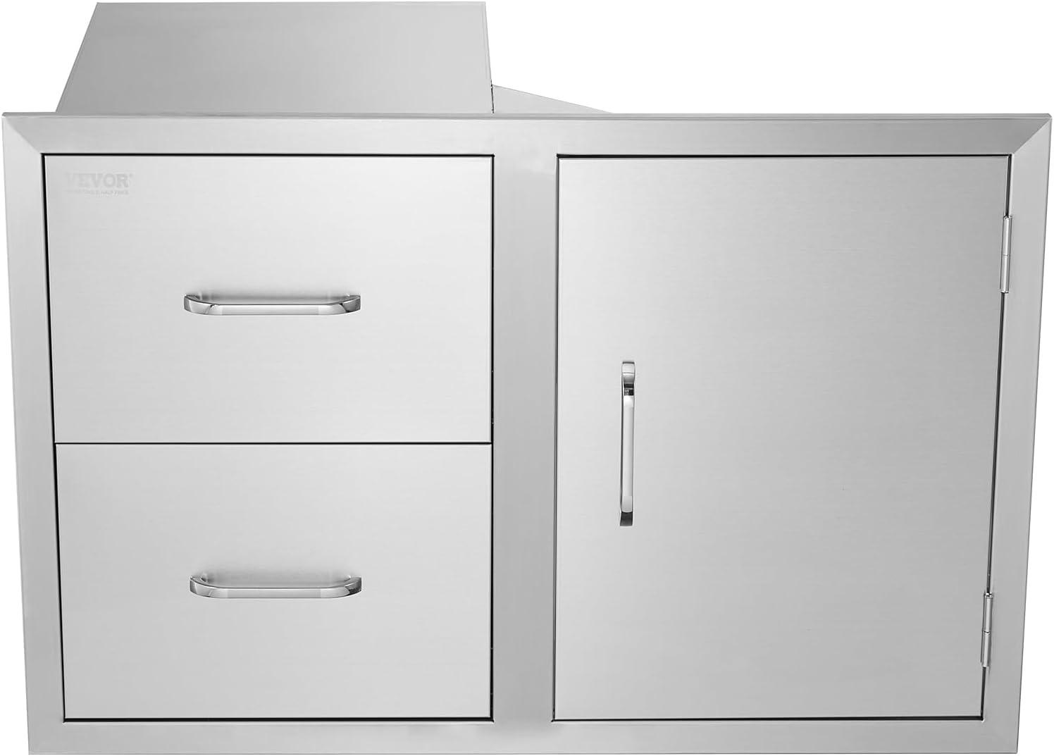 image:imageVEVOR PullOut Trash Drawer 134W x 257H x 196D Lower Sliding Rails Steel RollOut Trash Bin PullOut Tray Outdoor Handled Kitchen Trash Drawer for BBQ Island Grill Station Trash Can NOT IncludedDrawerDoor Combo