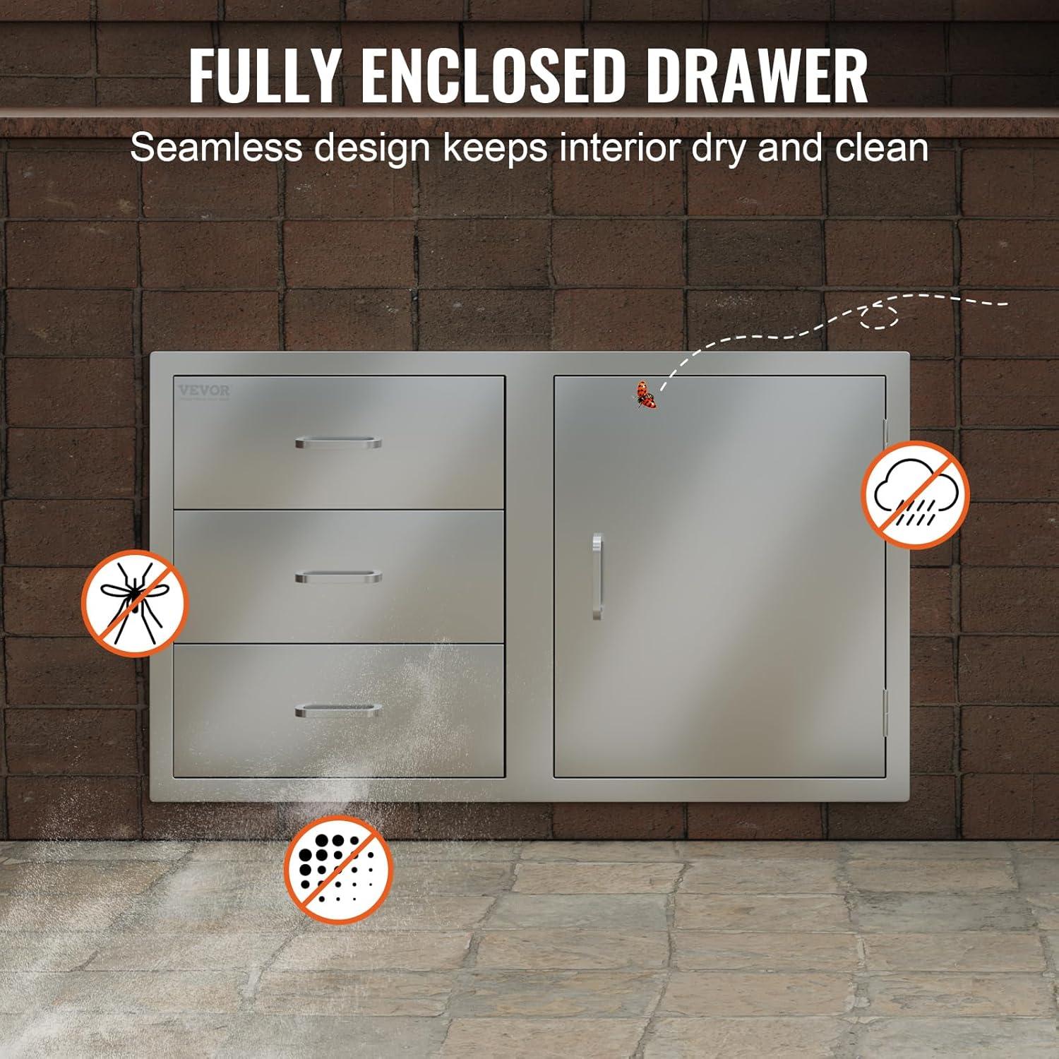 image:imageVEVOR PullOut Trash Drawer 134W x 257H x 196D Lower Sliding Rails Steel RollOut Trash Bin PullOut Tray Outdoor Handled Kitchen Trash Drawer for BBQ Island Grill Station Trash Can NOT IncludedDrawerDoor Combo
